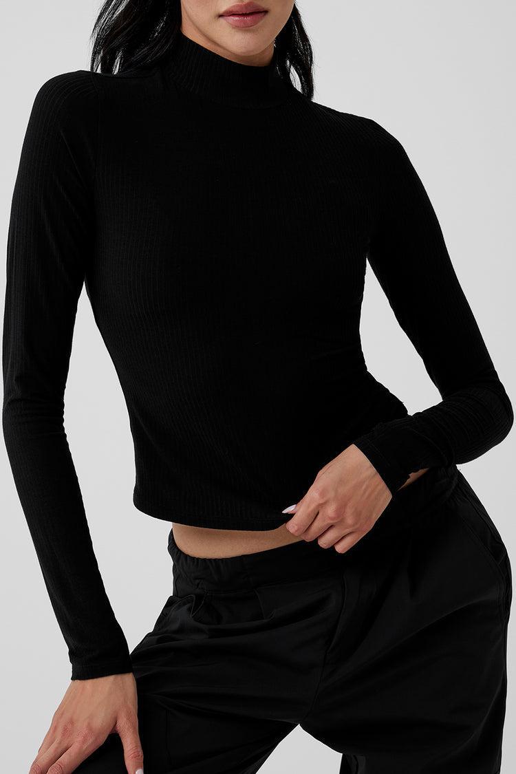 Ribbed Sea Coast Mockneck Long Sleeve - Black Product Image
