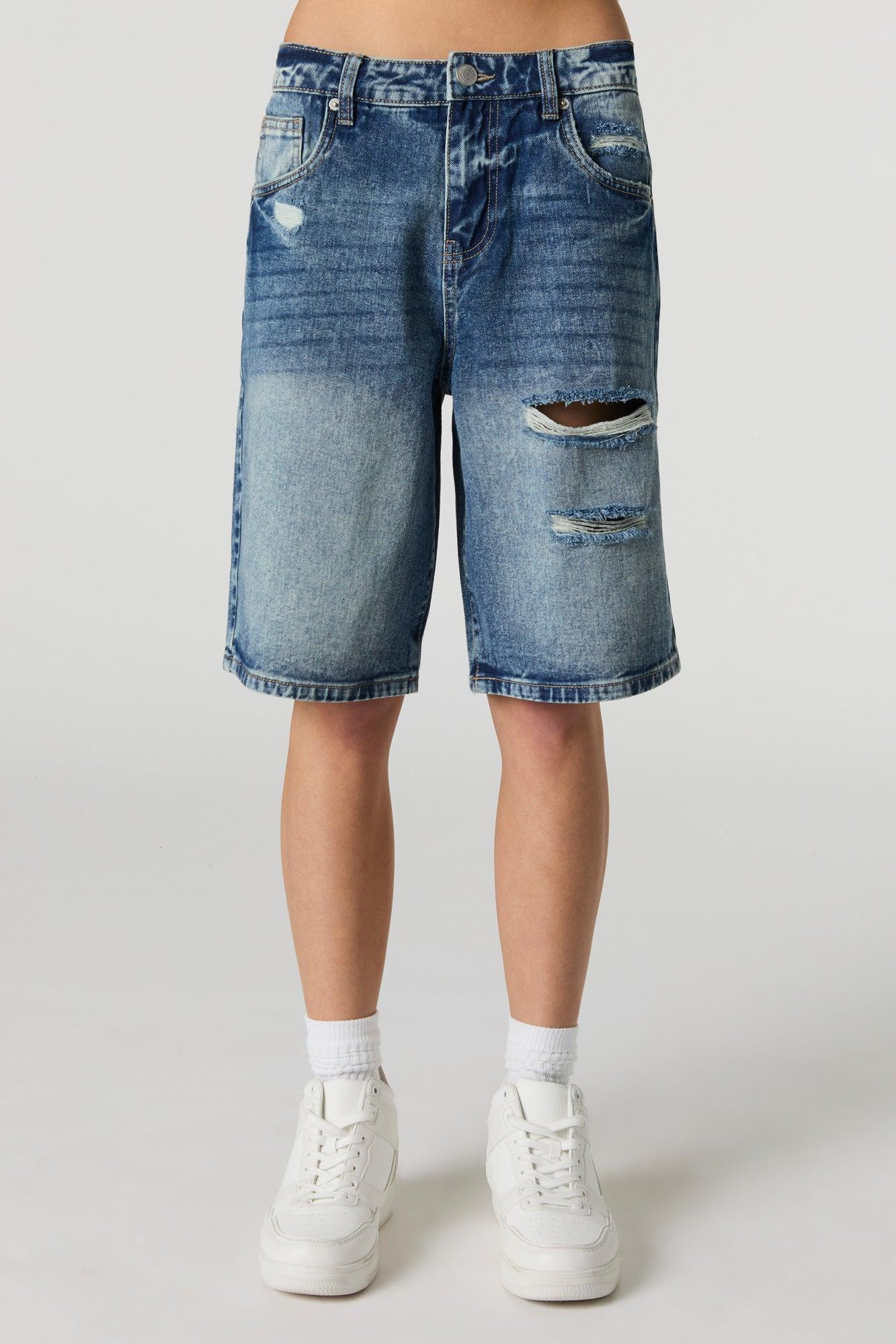 Dark Wash Distressed Denim Jort Female Product Image