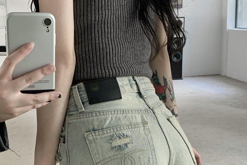 High Waist Frayed Denim Shorts Product Image