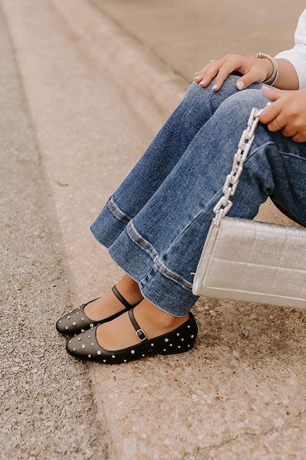 The Iris Rhinestone Embellished Faux Leather Flats in Black Product Image
