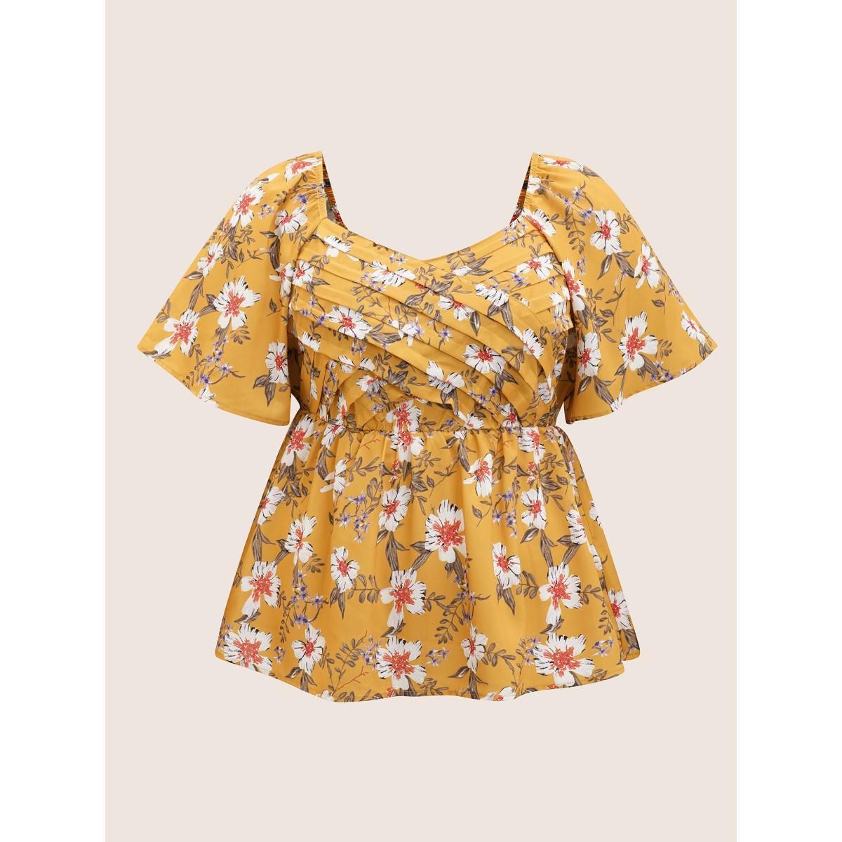 Plus Size Turmeric Heart Neckline Floral Print Pleated Blouse Women Elegant Short sleeve Heart neckline Everyday Blouses BloomChic 22-24/3X Product Image