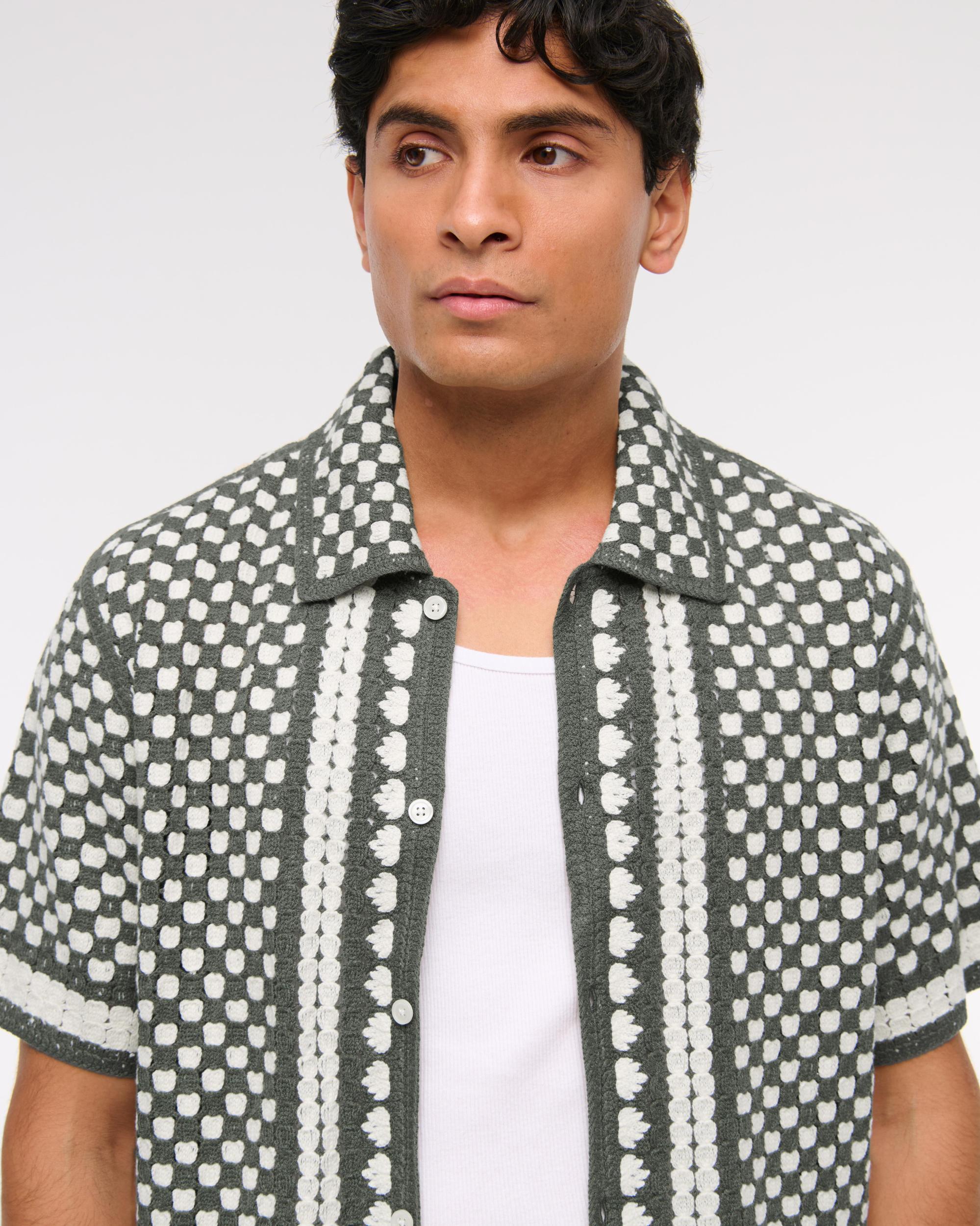 Crochet-Style Border Stripe Button-Through Sweater Polo Product Image