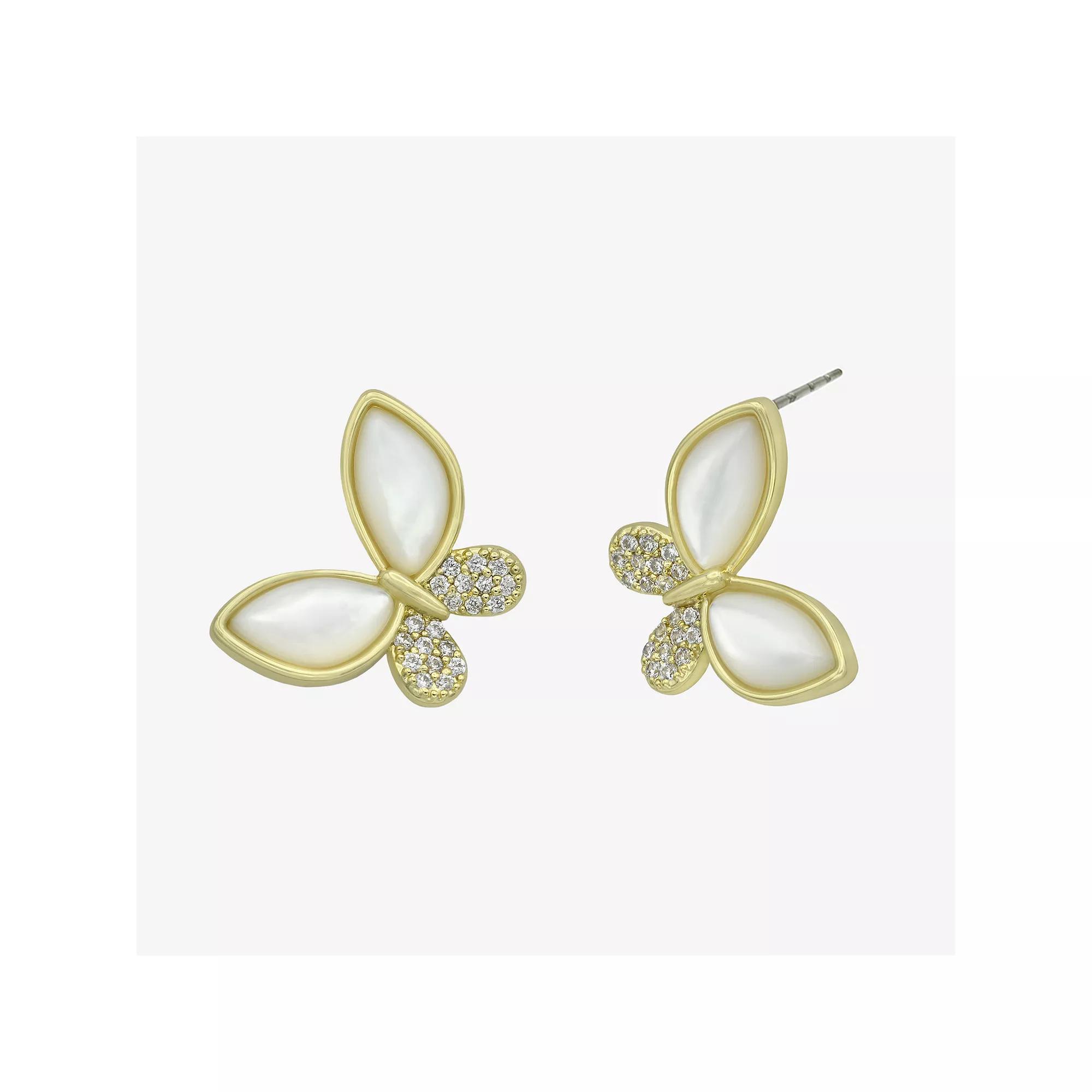City Luxe Gold Tone Mother-of-Pearl & Cubic Zirconia Butterfly Stud Earrings, Women's Product Image