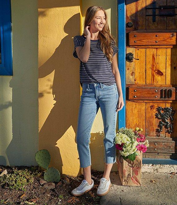 Lucky Brand Sandwash Stripe Contrast Trim Crew Neck Short Dolman Sleeve Top Product Image