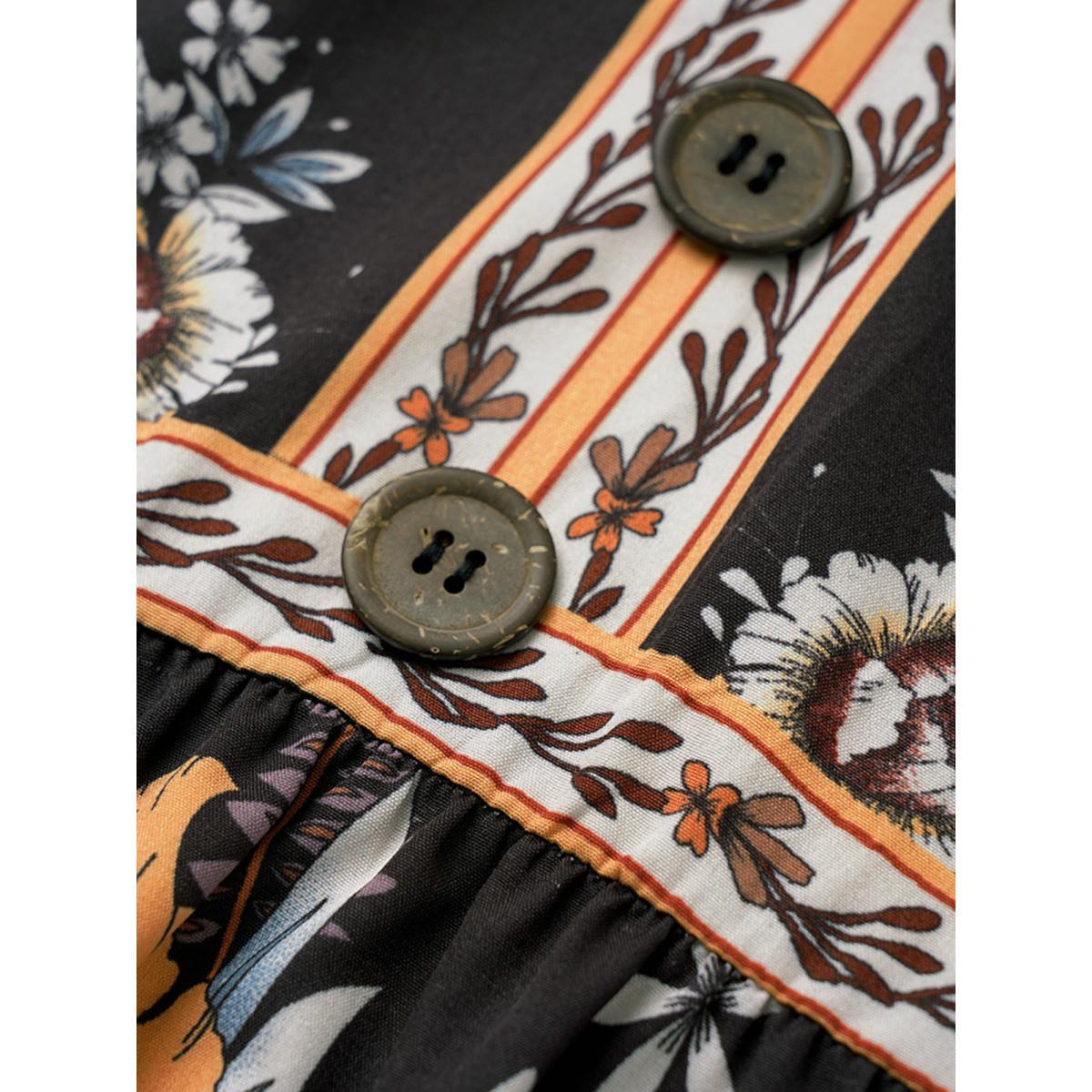 Plus Size Black Boho Print V Neck Button Detail Gathered Blouse Women Vacation Elbow-length sleeve V-neck Vacation Blouses BloomChic 28/5X Product Image