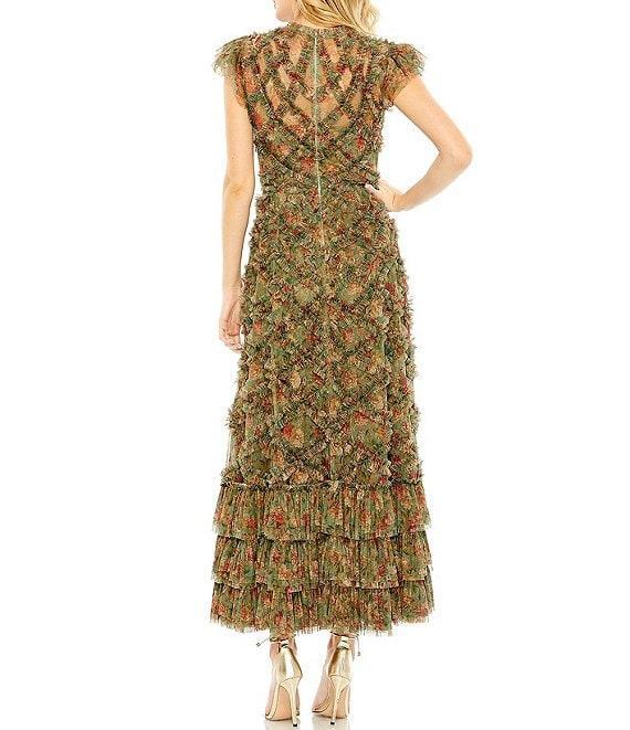 Mac Duggal Floral Print Crew Neck Cap Sleeve Ruffle Embellished Tiered Hem Dress Product Image