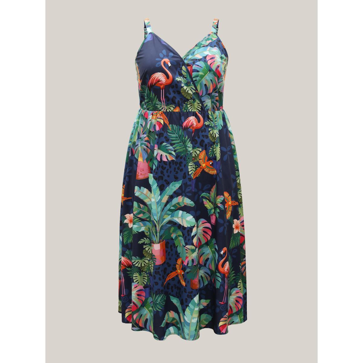 Plus Size Tropical Pattern Surplice Pockets Midi Dress DarkBlue Women Resort Non Overlap Collar Sleeveless Curvy BloomChic 22-24/3X Product Image
