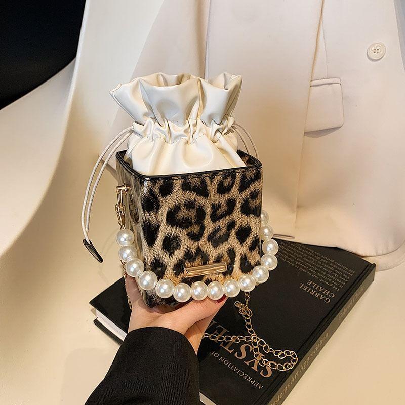 Faux Pearl Strap Leopard Print Drawstring Bucket Bag Product Image