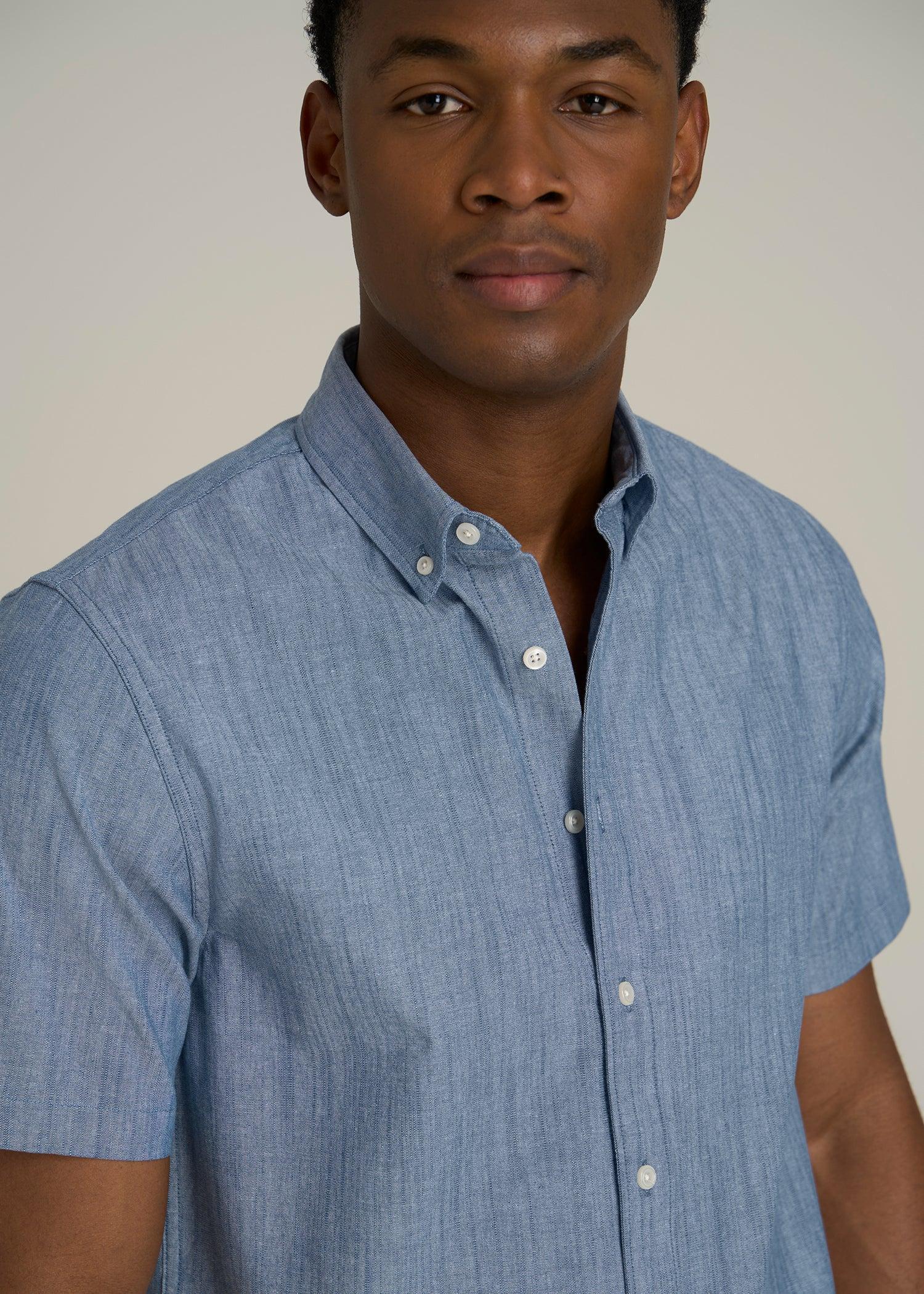 Short Sleeve Stretch Chambray Shirt for Tall Men in Medium Blue Chambray Product Image