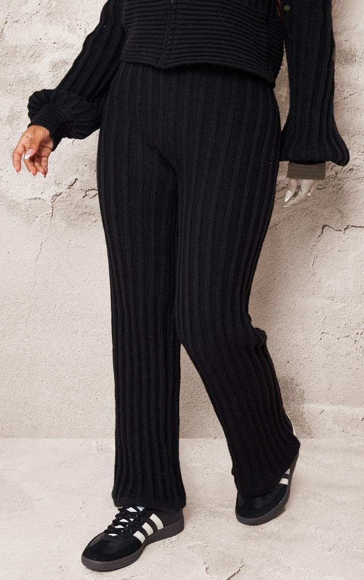 Petite Black Athletic Sport Embroidered Knit Flared Pants Product Image
