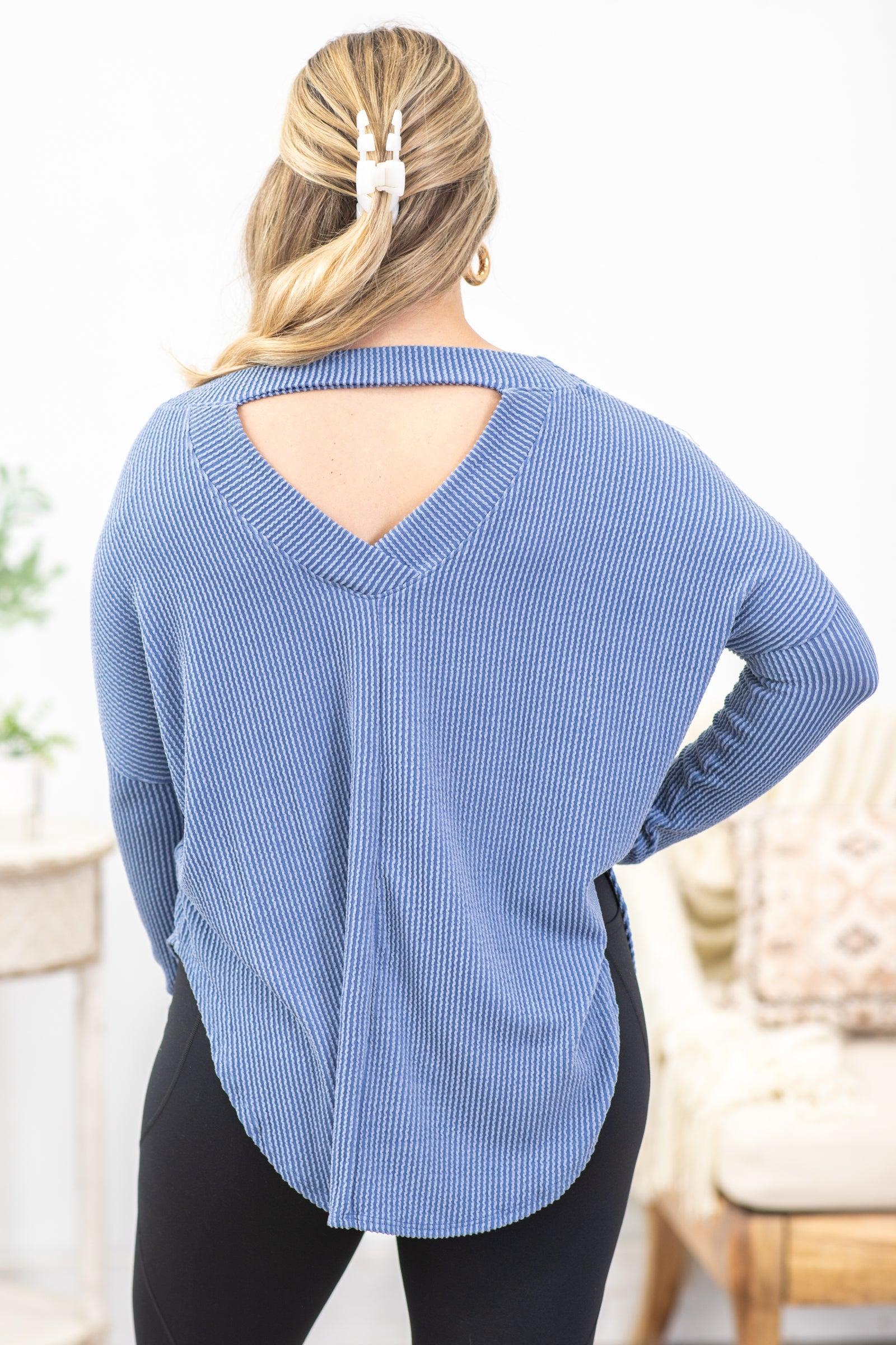 Dusty Blue Ribbed Round Hem Top Product Image