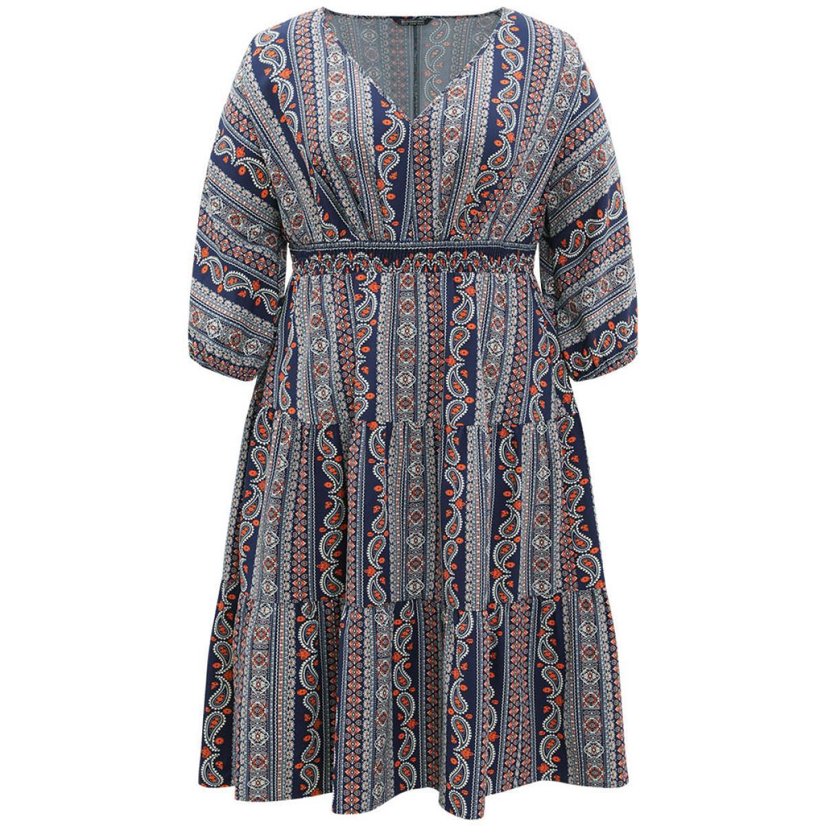 Plus Size Bandana Print Elastic Cuffs Layered Hem Dress DarkBlue Women Vacation Elastic cuffs V-neck Elbow-length sleeve Curvy Midi Dress BloomChic 14-16/1X Product Image