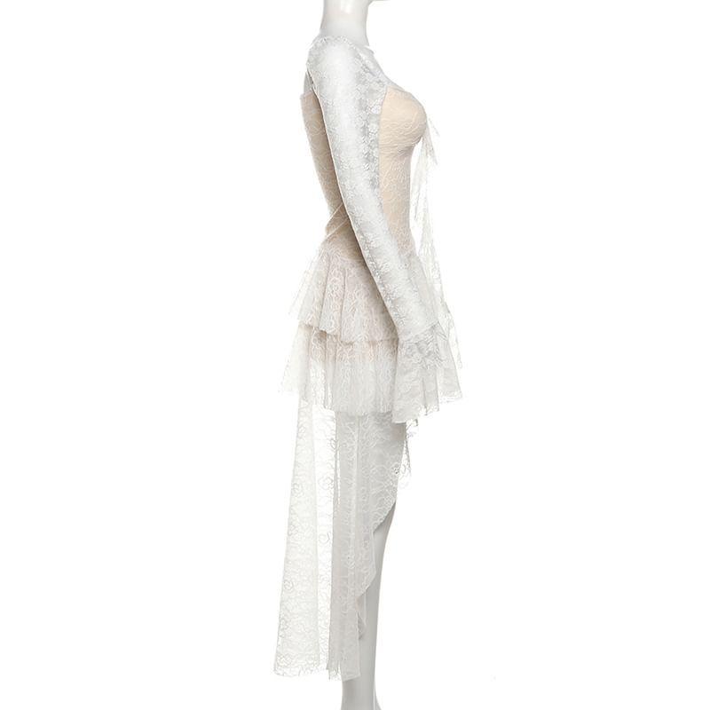 Flared-Sleeve Floral Asymmetrical Lace A-Line Dress Product Image
