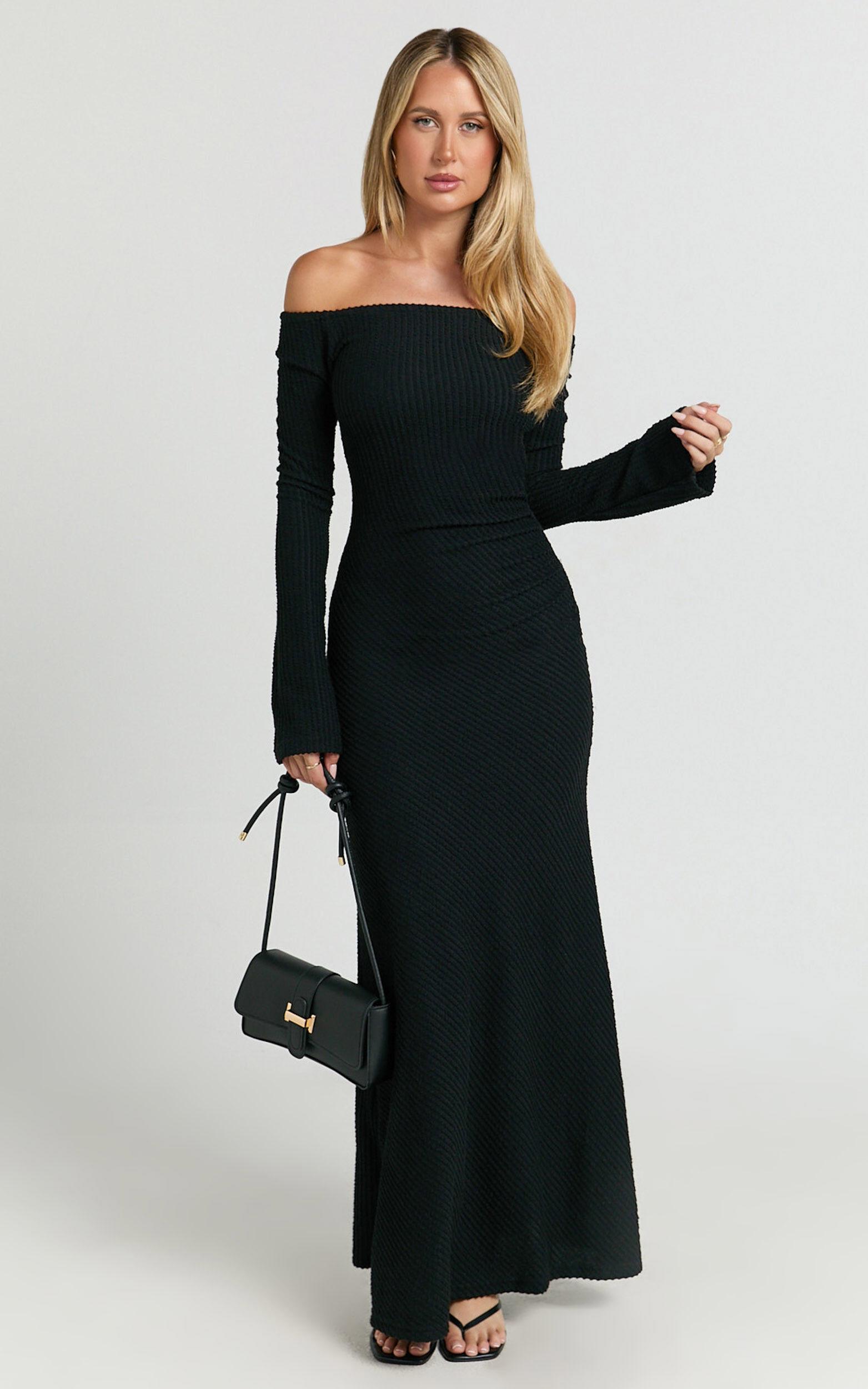 Ayla Maxi Dress - Off Shoulder Flared Sleeve Bodycon Dress in Black Product Image