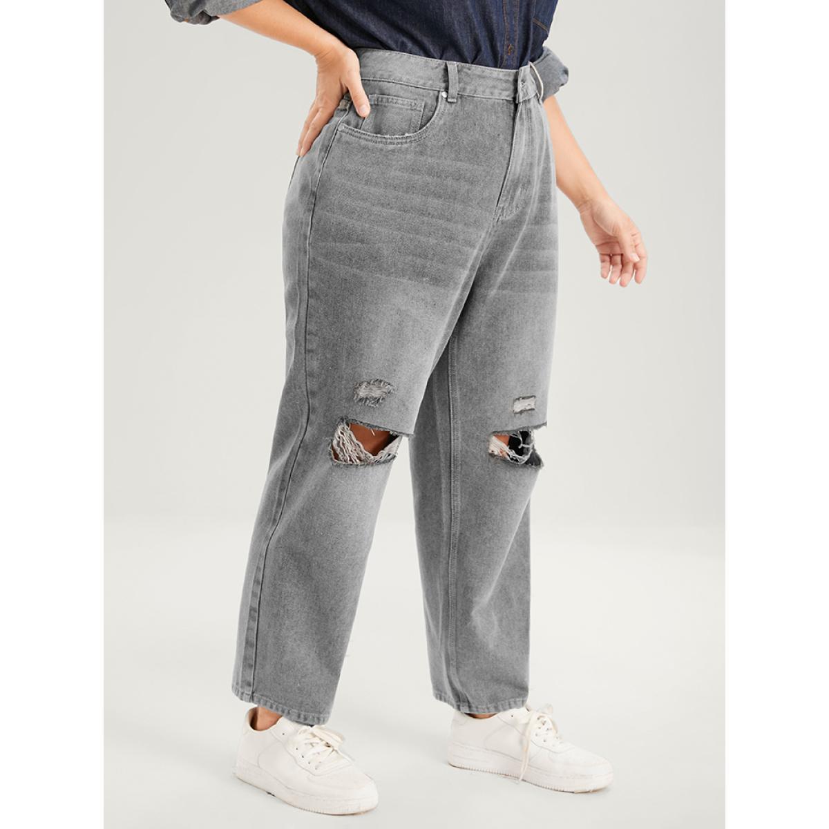 Plus Size Boyfriend Wide Leg Non Stretchy High Rise Medium Wash Jeans Women LightGray Casual Plain No stretch Pocket Jeans BloomChic 14/1X Product Image