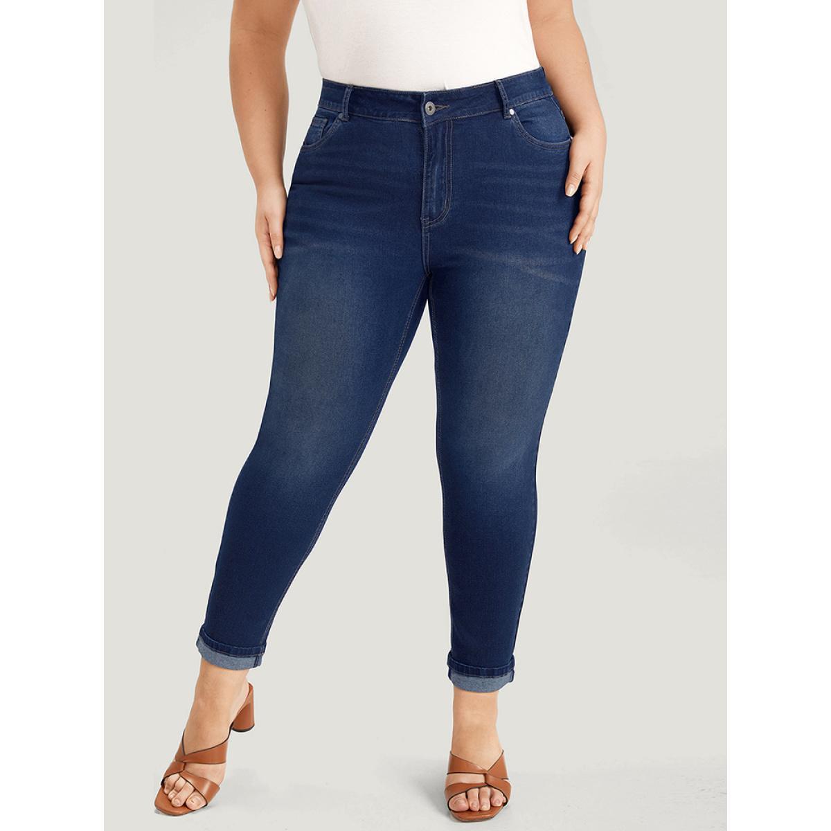 Plus Size Very Stretchy Pocket Dark Wash Roll Hem Jeans Women DarkBlue Casual Plain Roll Hem High stretch Pocket Jeans BloomChic 10/M Product Image