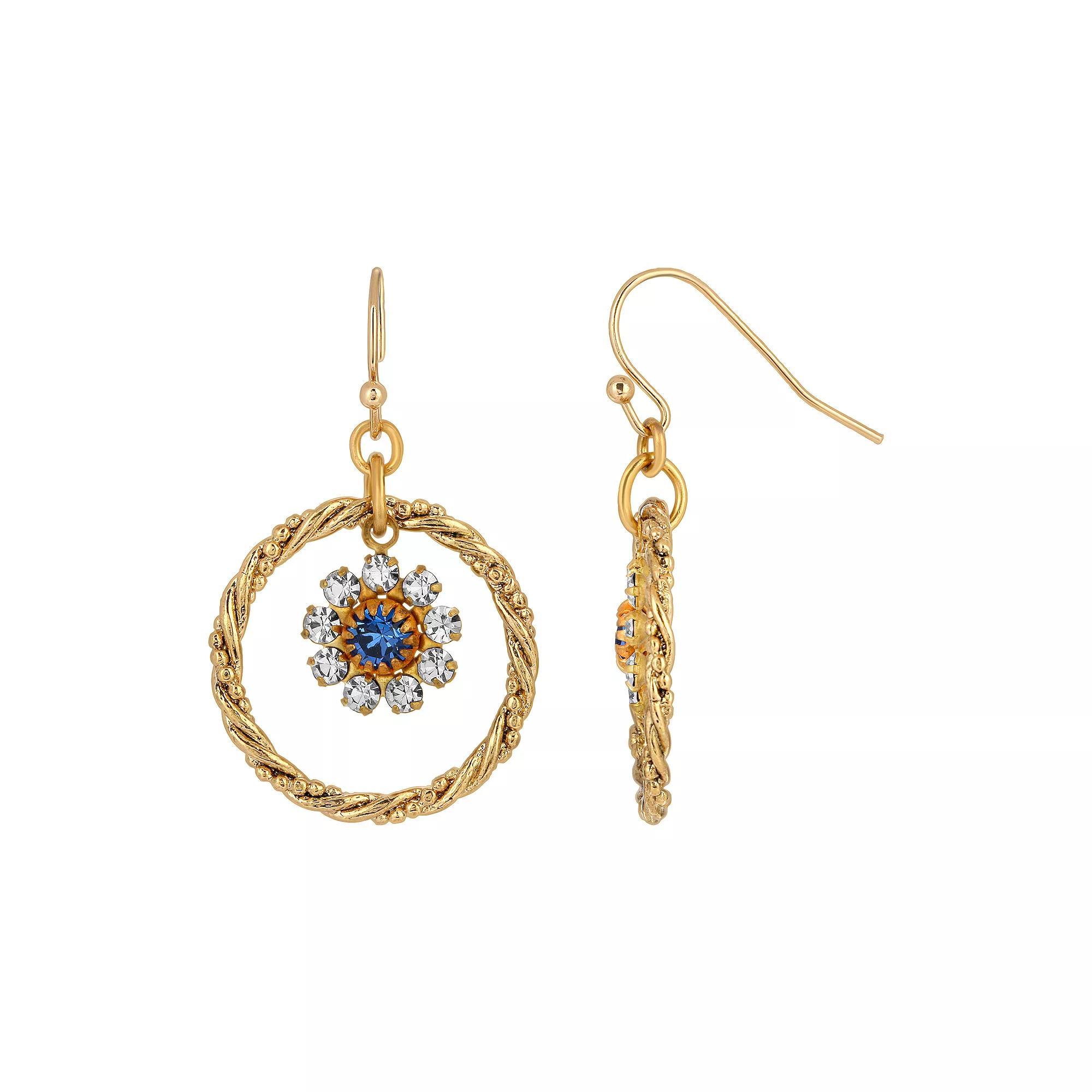 1928 Gold Tone Blue Simulated Crystal Flower Drop Hoop Earrings, Womens Product Image