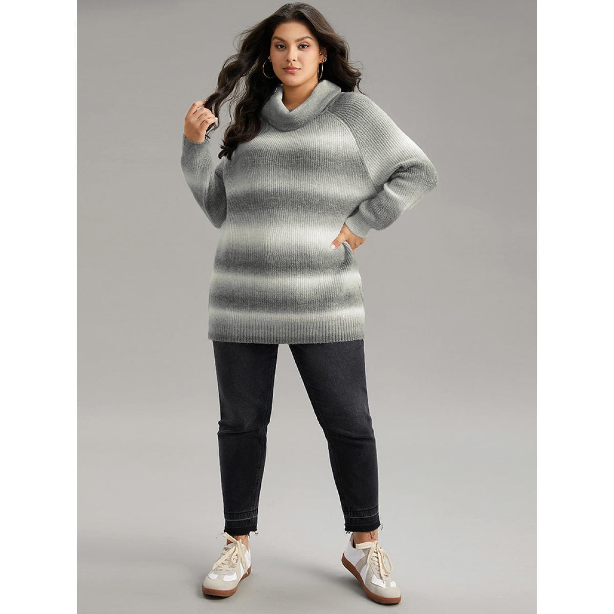 Plus Size Turtleneck Ombre Heather Raglan Sleeve Pullover Gray Women Casual Loose Long Sleeve Turtleneck Dailywear Pullovers BloomChic 28/5X Product Image