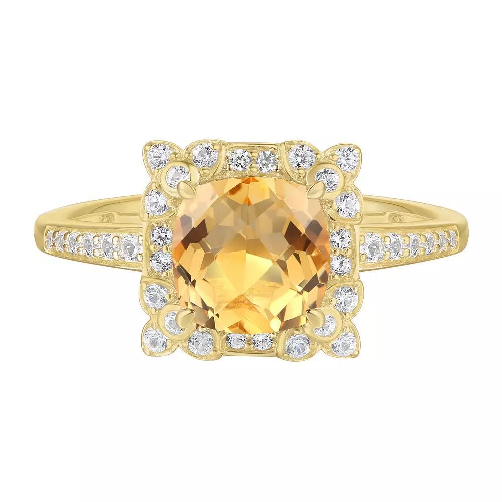 14k Gold Over Silver Citrine, Lab-Created White Sapphire Square Halo Ring, Womens Gold Tone Product Image