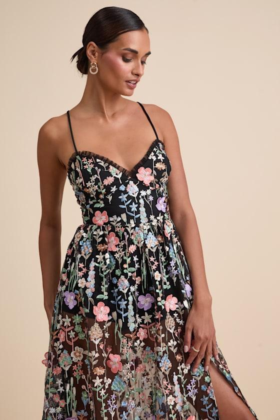 Mahryn Black 3D Floral Embroidered Midi Bodysuit Dress Product Image