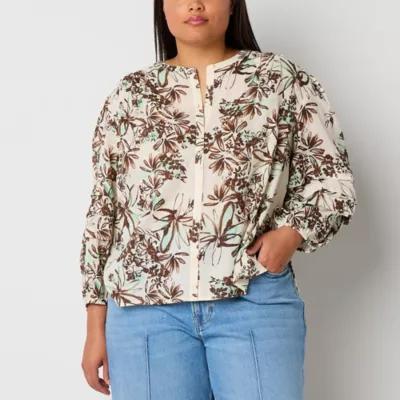 a.n.a Womens Plus Split Crew Neck Long Sleeve Blouse Product Image