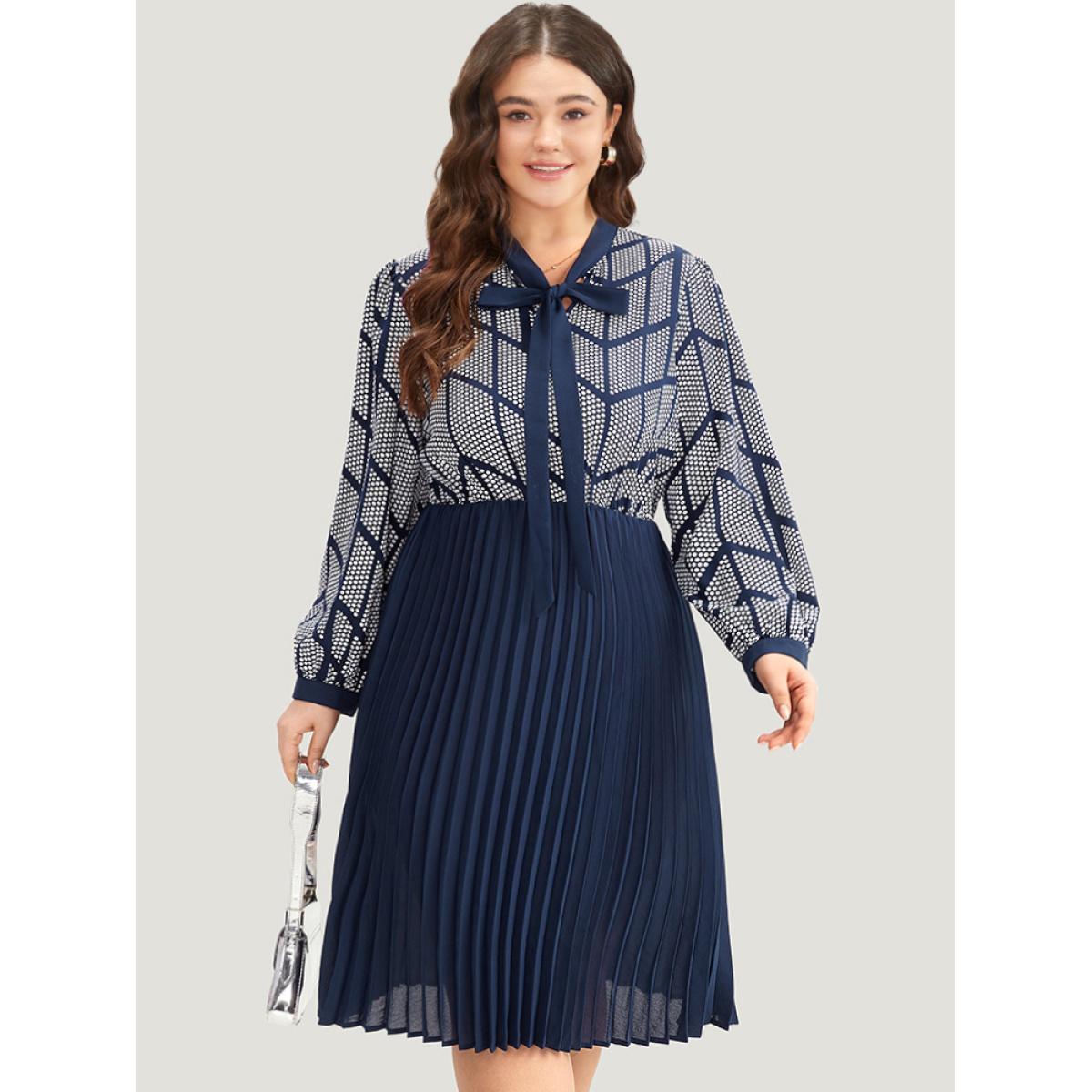 Plus Size Contrast Patchwork Ties Pleated Dress Indigo Women Office Printed Tie Neck Long Sleeve Curvy Midi Dress BloomChic 14-16/1X Product Image