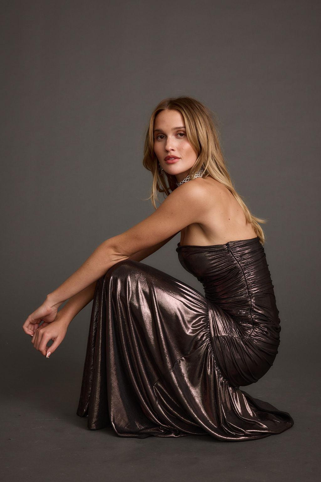 LaBelle Gunmetal Metallic Drop Waist Maxi Dress Product Image