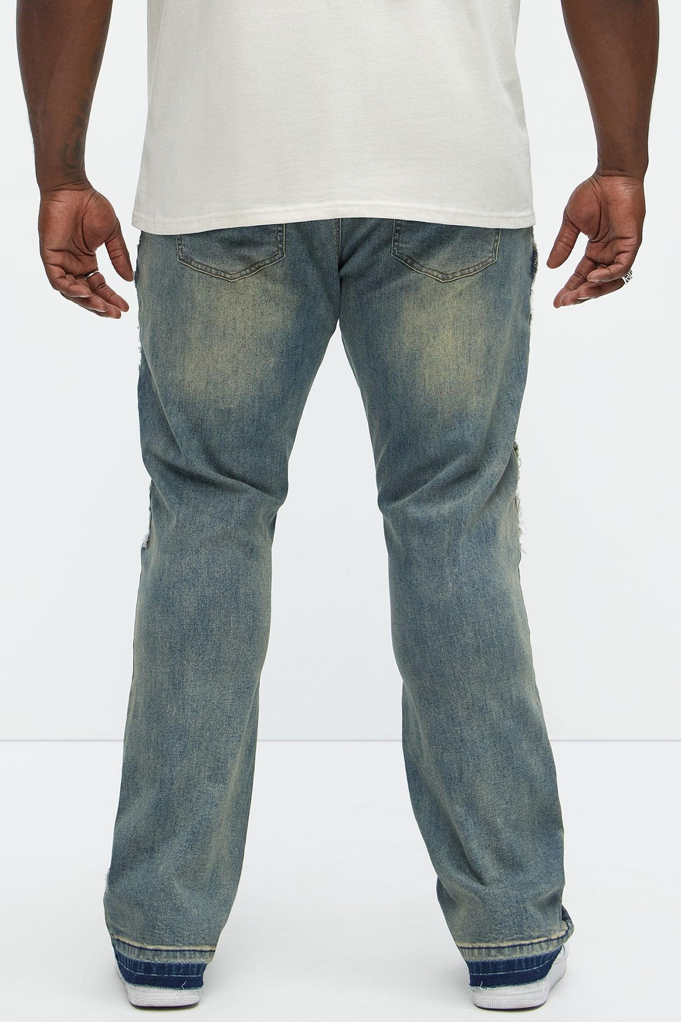 Flame Frayed Patch Stacked Skinny Flare Jeans - Vintage Blue Wash Product Image