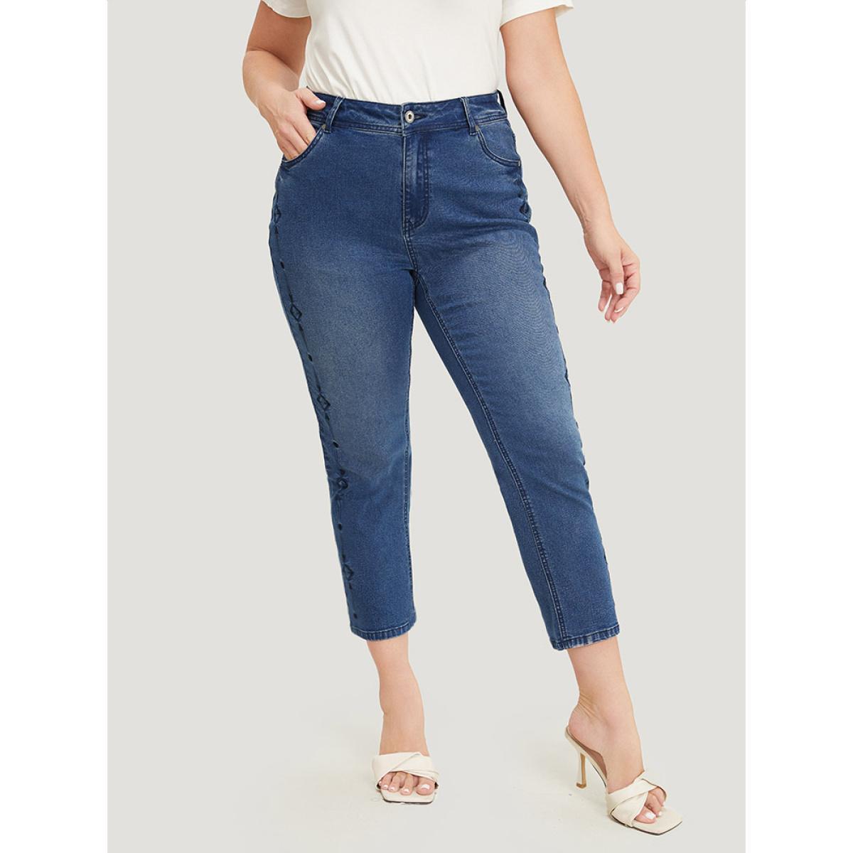 Plus Size Very Stretchy Medium Wash Geometric Embroidered Jeans Women Indigo Casual Plain Embroidered High stretch Pocket Jeans BloomChic 30/6X Product Image