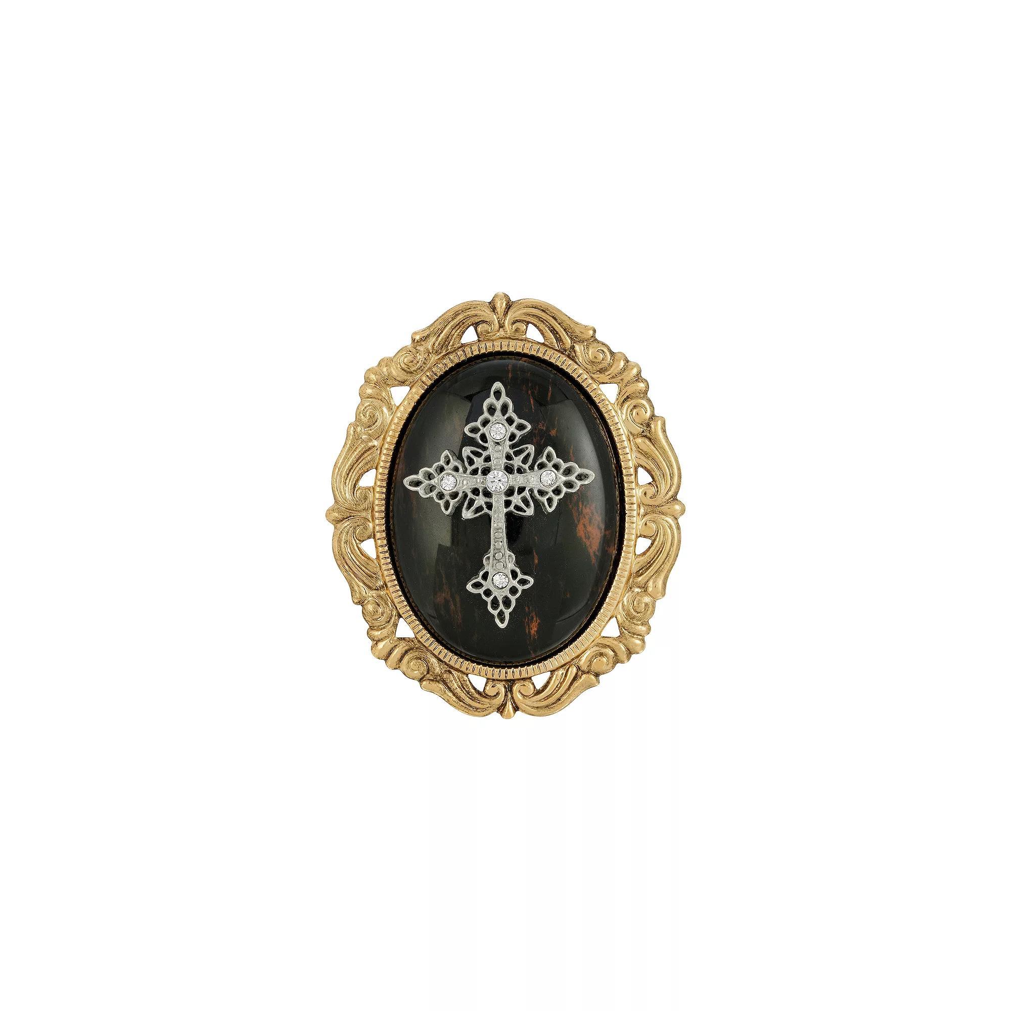 Symbols Of Faith Gold Tone Crystal Cameo Cross Brooch, Womens, Brown Product Image