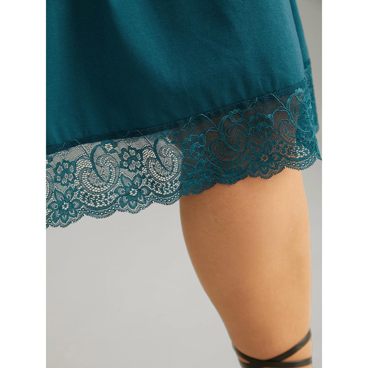 Plus Size Solid Guipure Lace Ruched Elastic Waist Dress Cerulean Women At the Office Gathered V-neck Elbow-length sleeve Curvy Midi Dress BloomChic 12/L Product Image