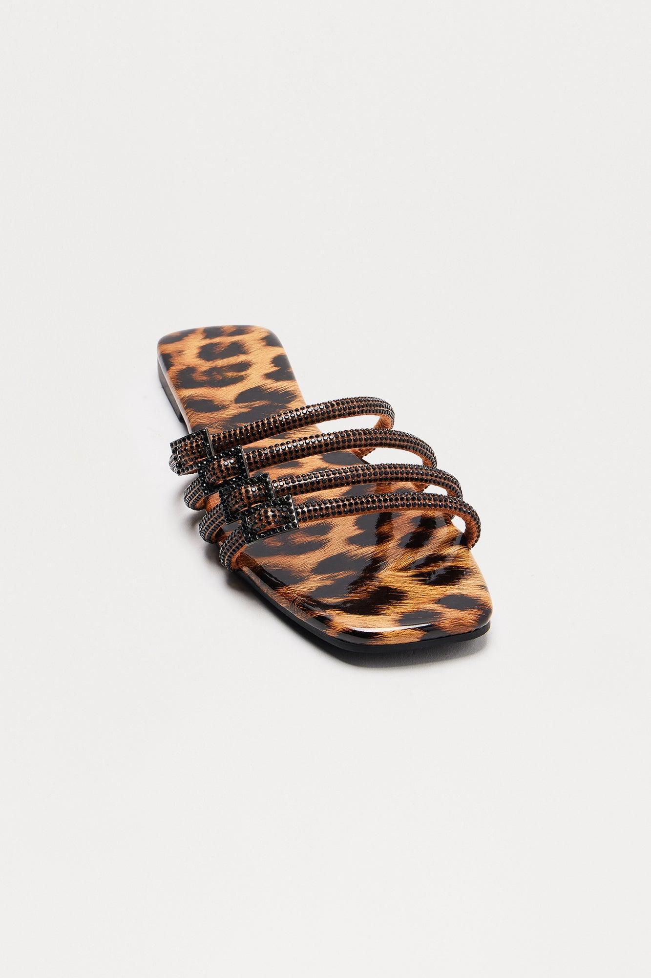 Romain Rhinestone Buckle Slip On Sandals - Leopard Product Image