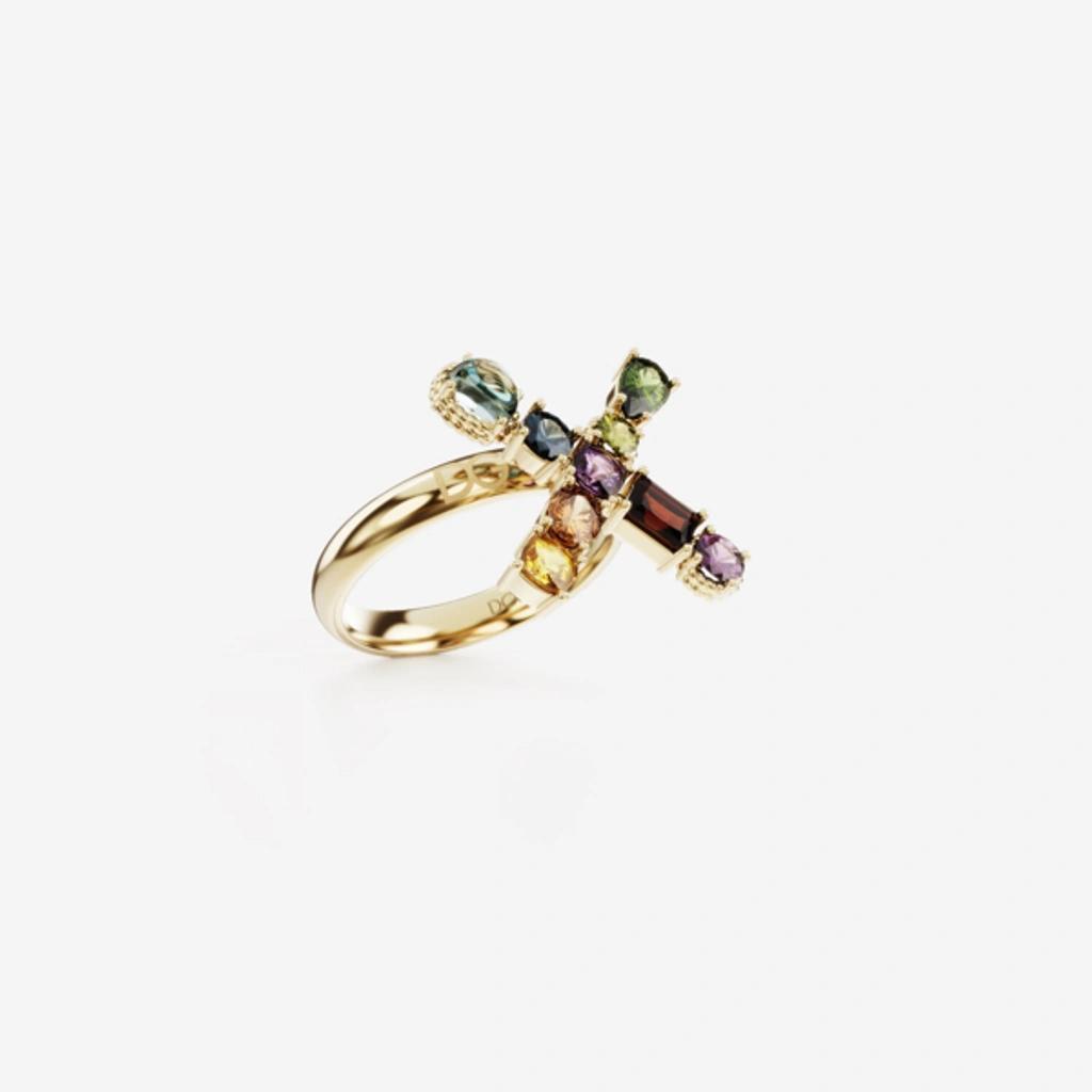 DOLCE & GABBANA Rainbow Alphabet X Ring In Yellow Gold With Multicolor Fine Gems Product Image