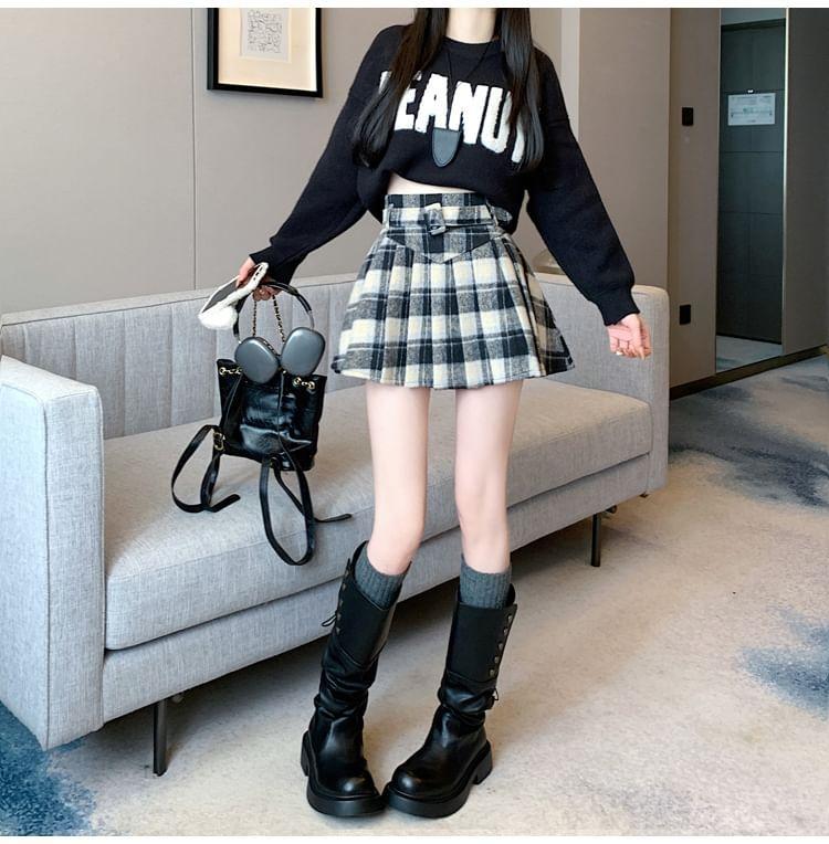 High Rise Plaid Mini Pleated A-Line Skirt Product Image