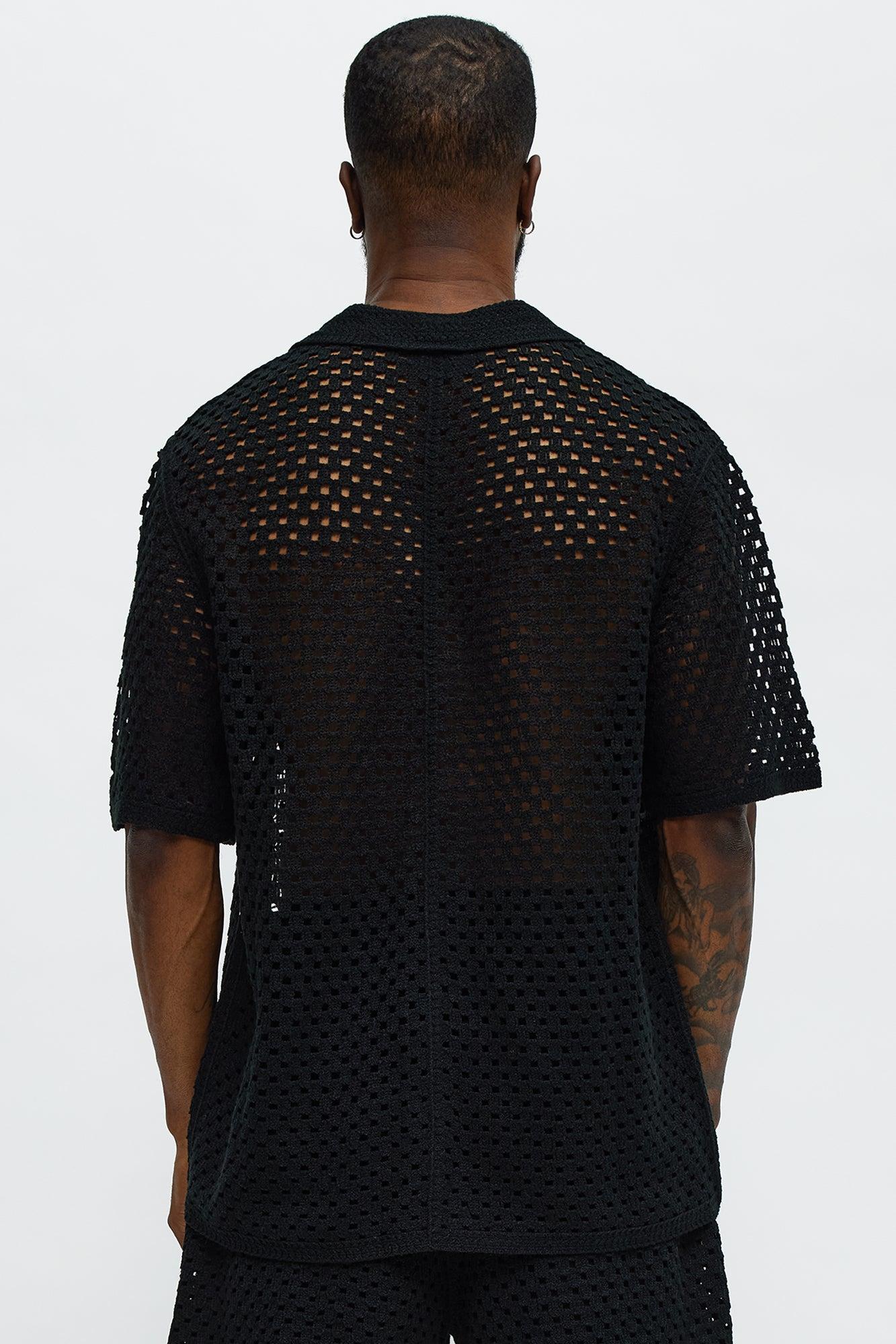 Crochet Panel Cuban Collar Button Up Shirt - Black/combo Product Image