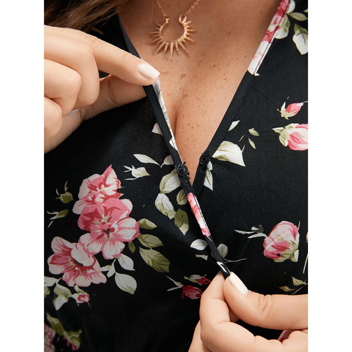 Plus Size Supersoft Essentials Floral Pocket Shirred Dress Black Women Elegant Wrap Overlap Collar Long Sleeve Curvy Midi Dress BloomChic 30/6X Product Image