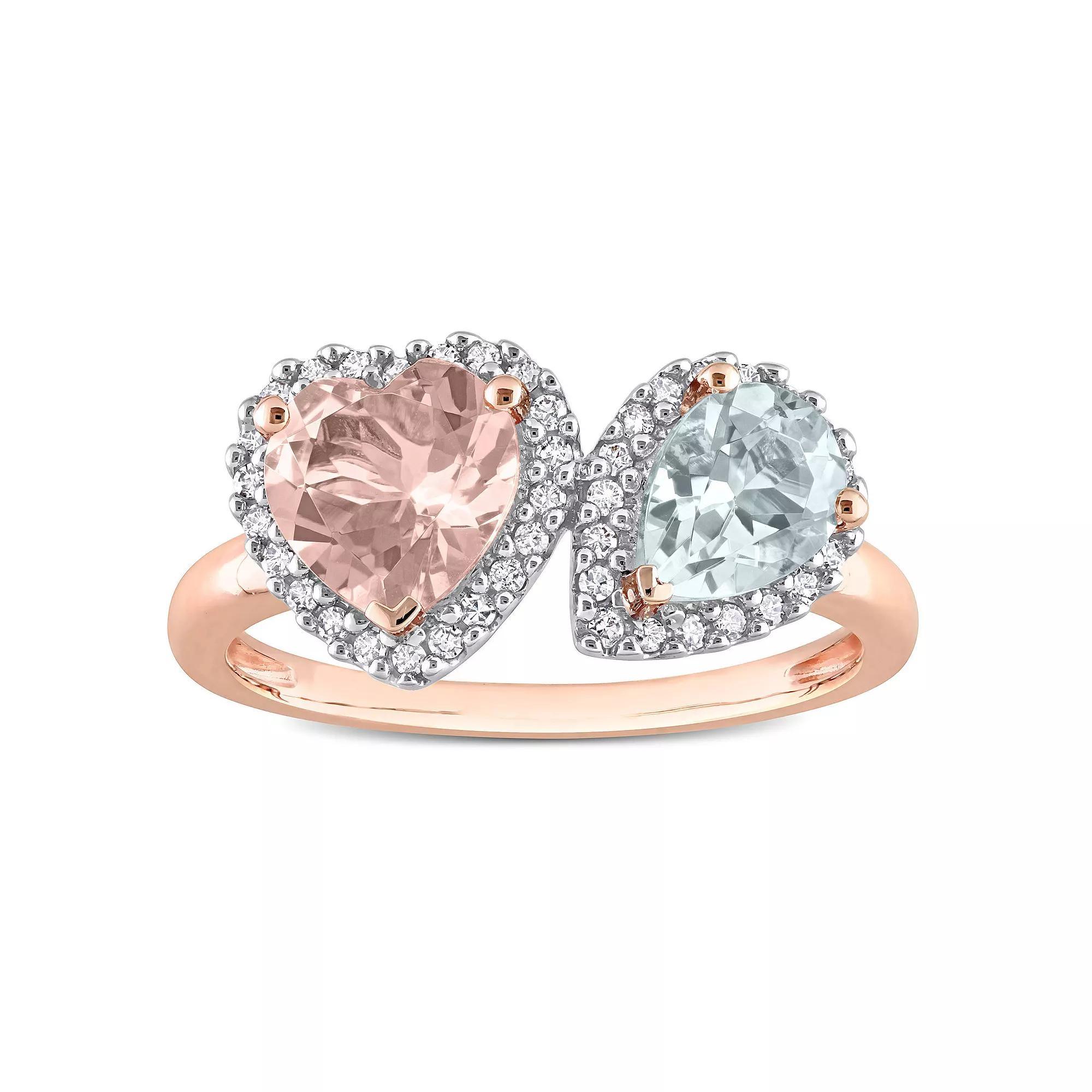 Stella Grace 10k Rose Gold Morganite, Aquamarine & 1/5 Carat T.W. Diamond Heart Ring, Womens, 10k Rosegold Product Image