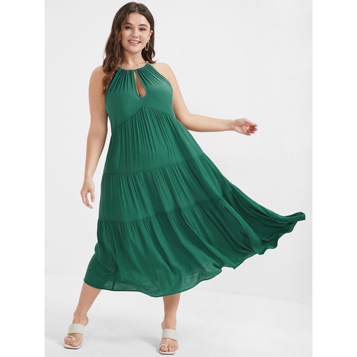 Plus Size Solid Flutter Split Keyhole Ties Halter Neck Midi Dress Green Women Elegant Halter neck Curvy Midi Dress BloomChic 10/M Product Image
