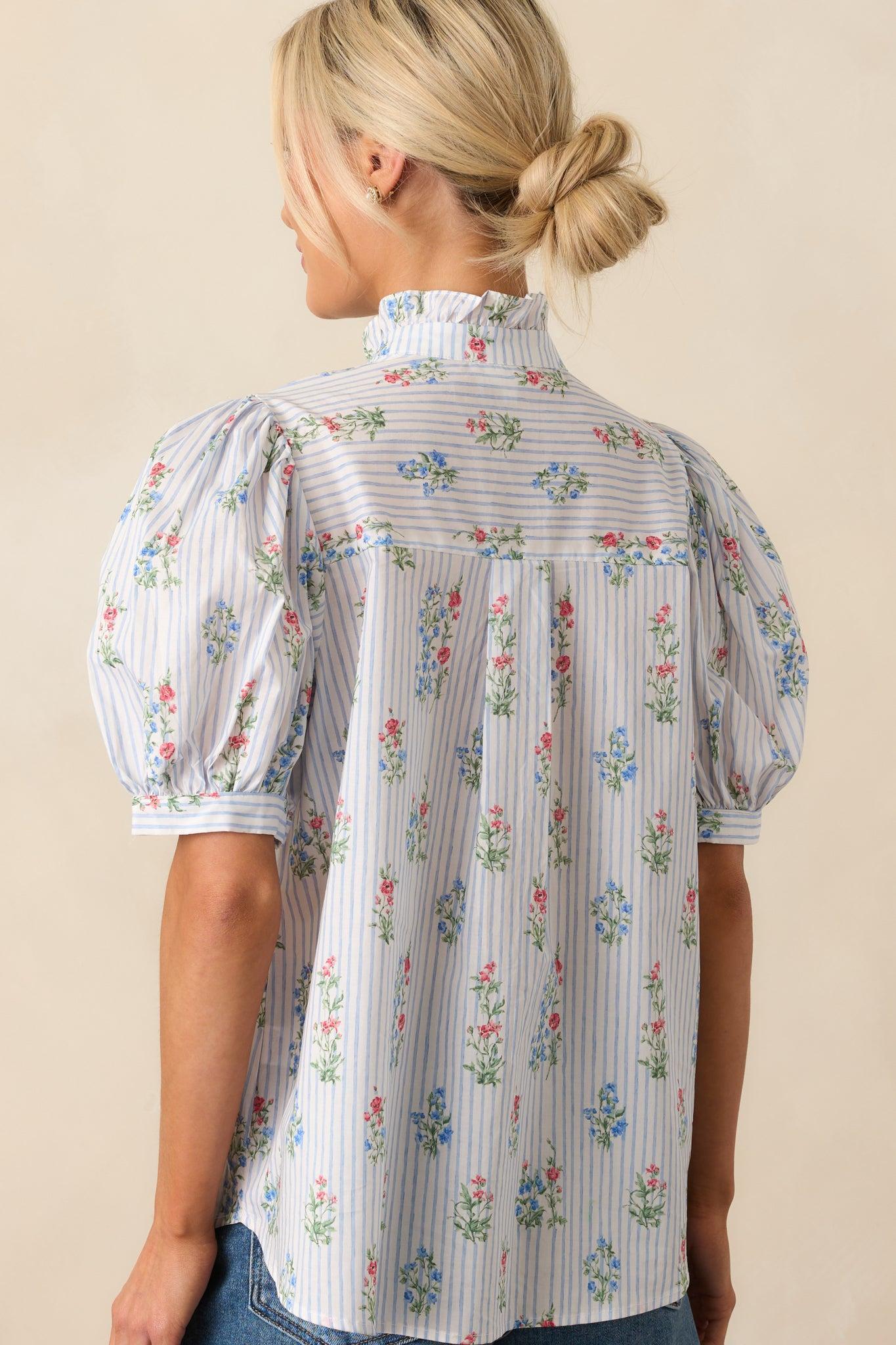 Things Happen Light Blue Stripe Floral Cotton Button Front Top Product Image