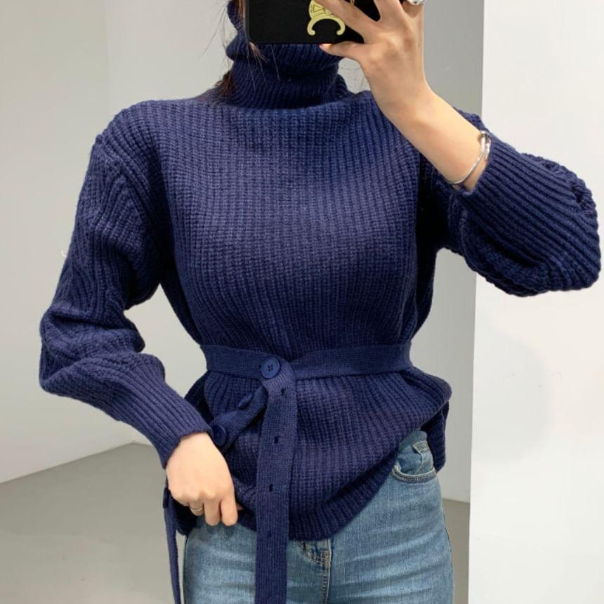 Long Sleeve Turtleneck Belted Sweater Product Image