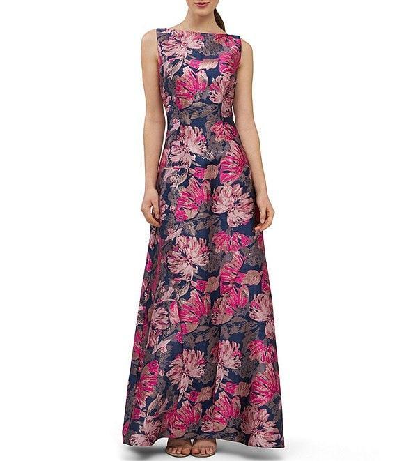 Kay Unger Maren Metallic Floral Jacquard Boat Neck Sleeveless Sheath Gown Product Image