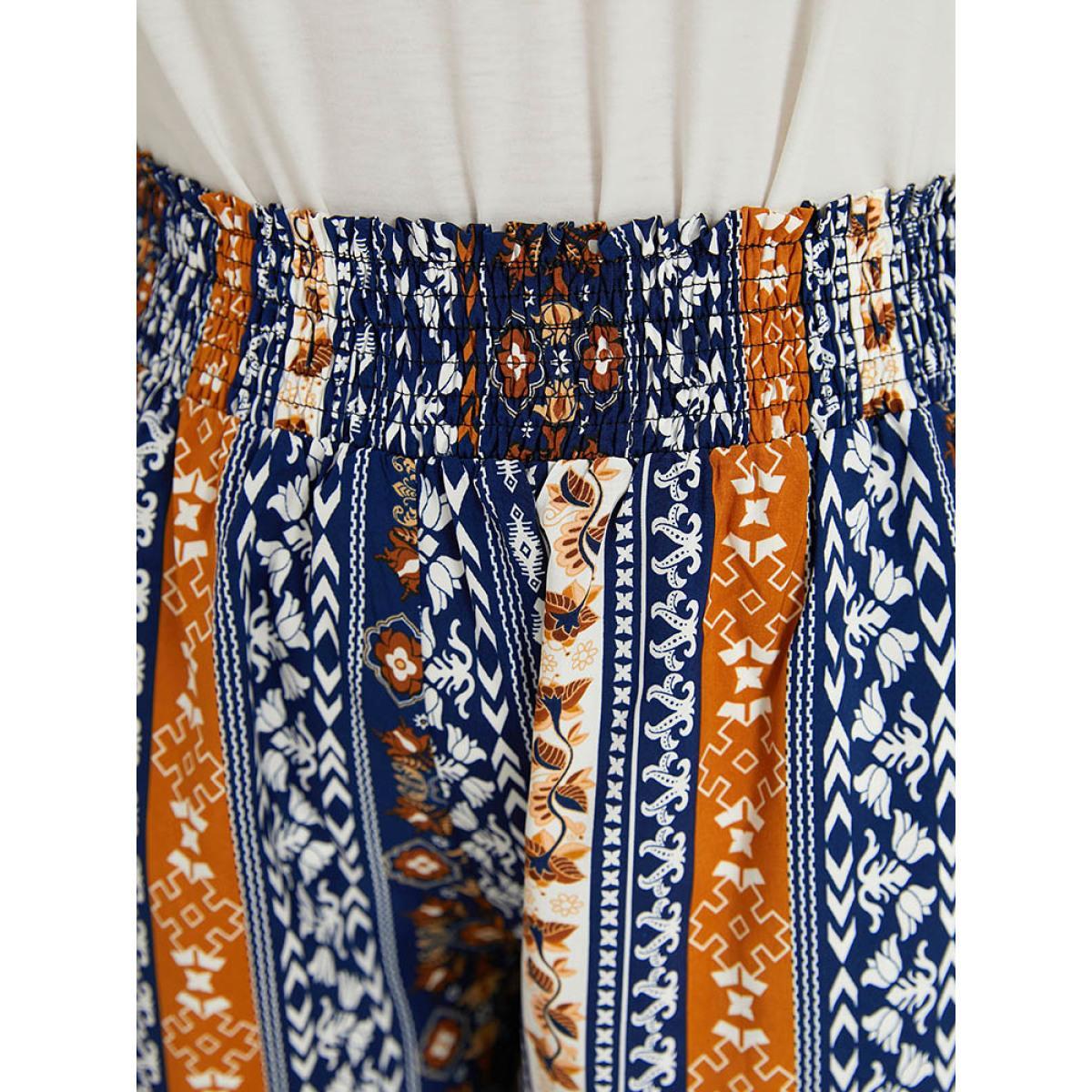 Plus Size Boho Print Shirred Pocket Elastic Waist Pants Women Indigo Resort Wide Leg High Rise Vacation Pants BloomChic 12/L Product Image