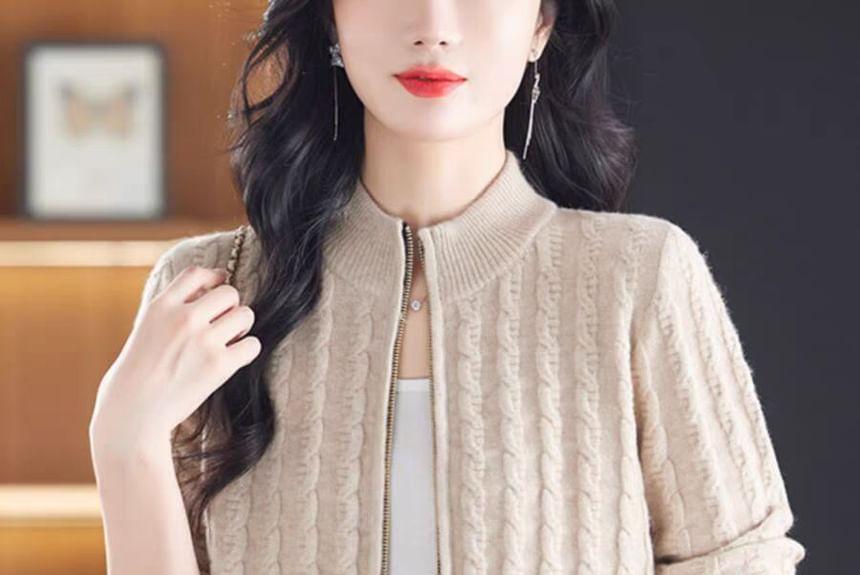 Stand Collar Patterned Zip Cable Knit Cardigan Product Image