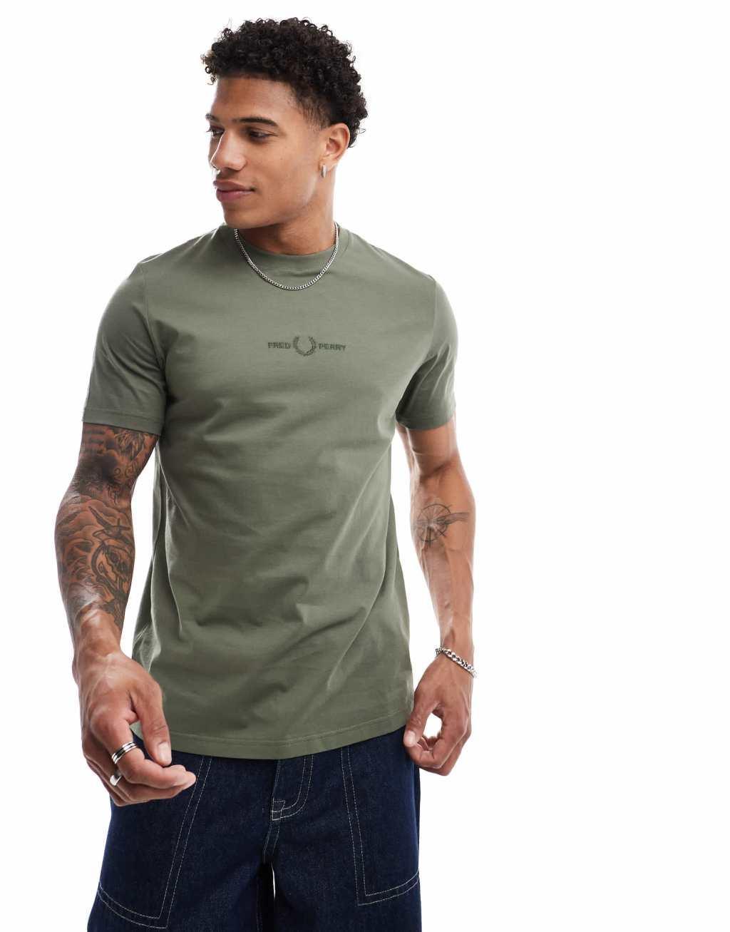 Fred Perry embroidered T-shirt in khaki green Product Image