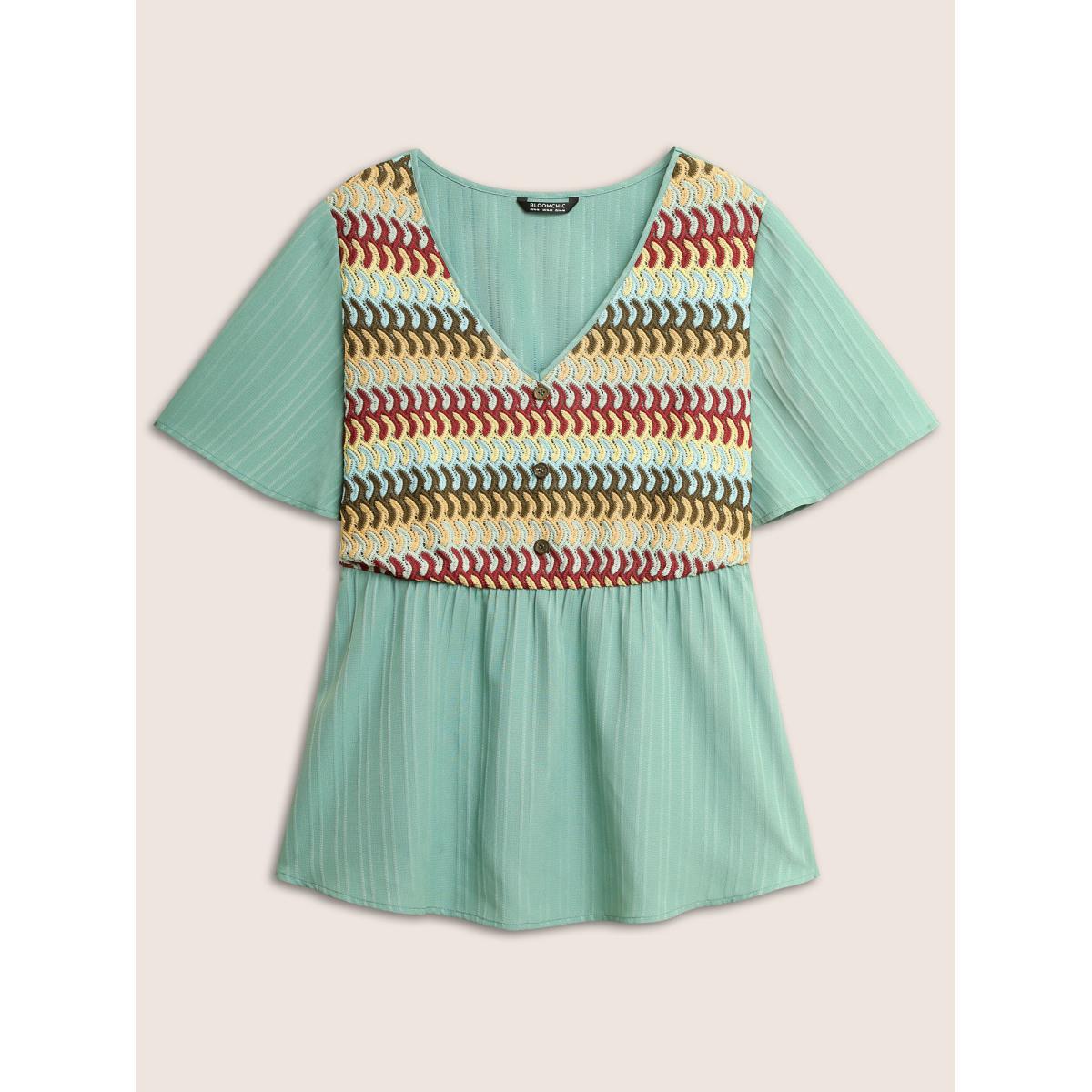 Plus Size Mint Texture Patchwork Ruffle Sleeve Button Detail Blouse Women Resort Short sleeve V-neck Vacation Blouses BloomChic 30/6X Product Image
