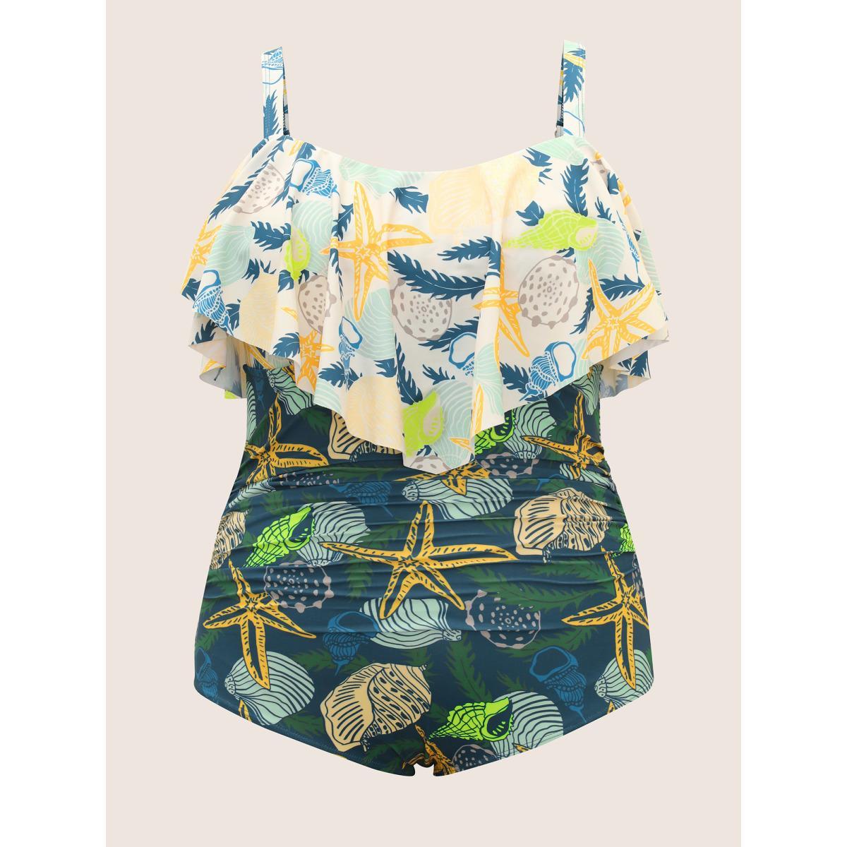 Plus Size Marine Elements Tiered Ruffles One Piece Swimsuit Women's Swimwear Beige Beach Gathered Curve Bathing Suits High stretch One Pieces BloomChic 30/6X Product Image