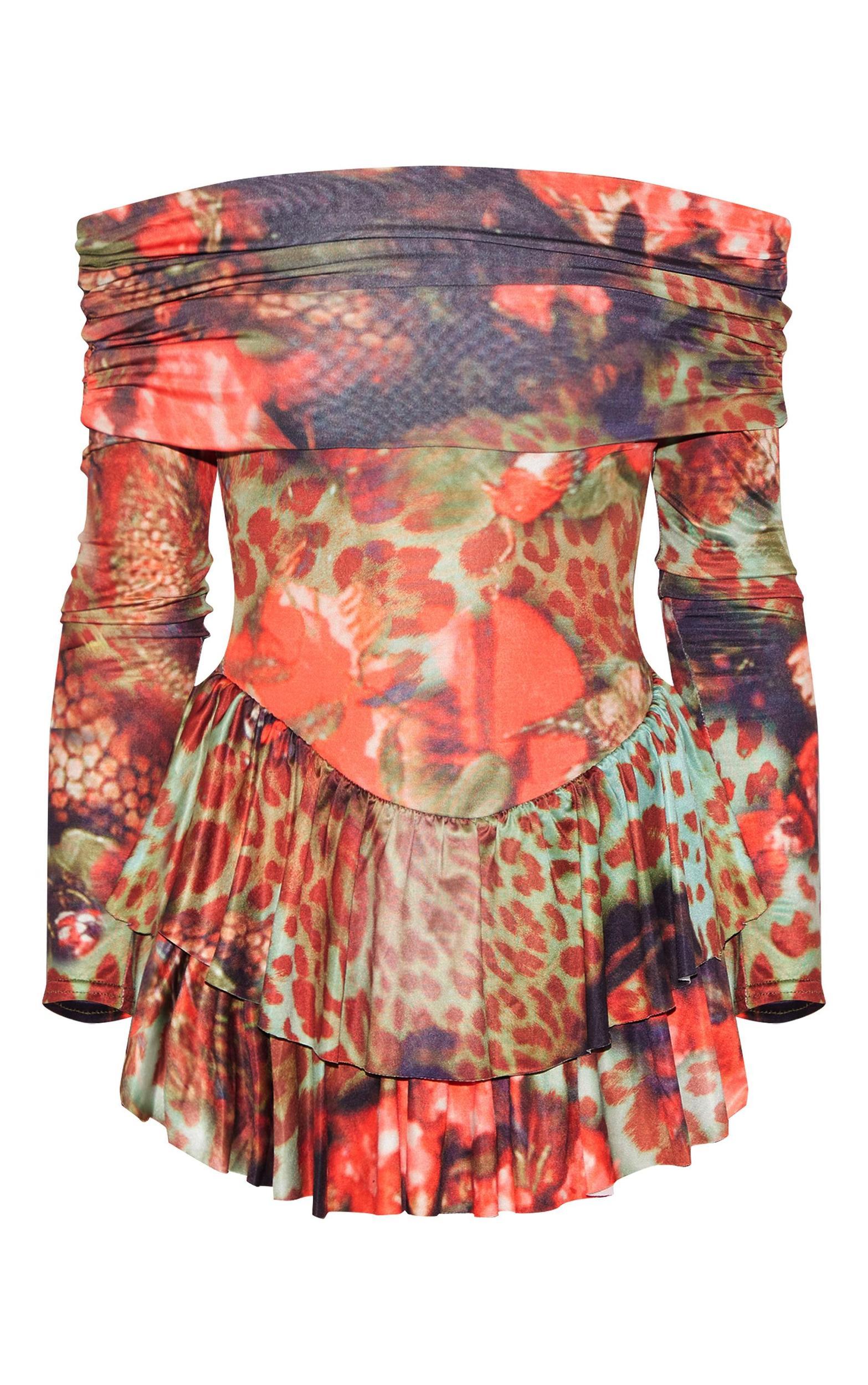 Multi Leopard Print Slinky Long Sleeve Bardot Rara Skort Romper Product Image