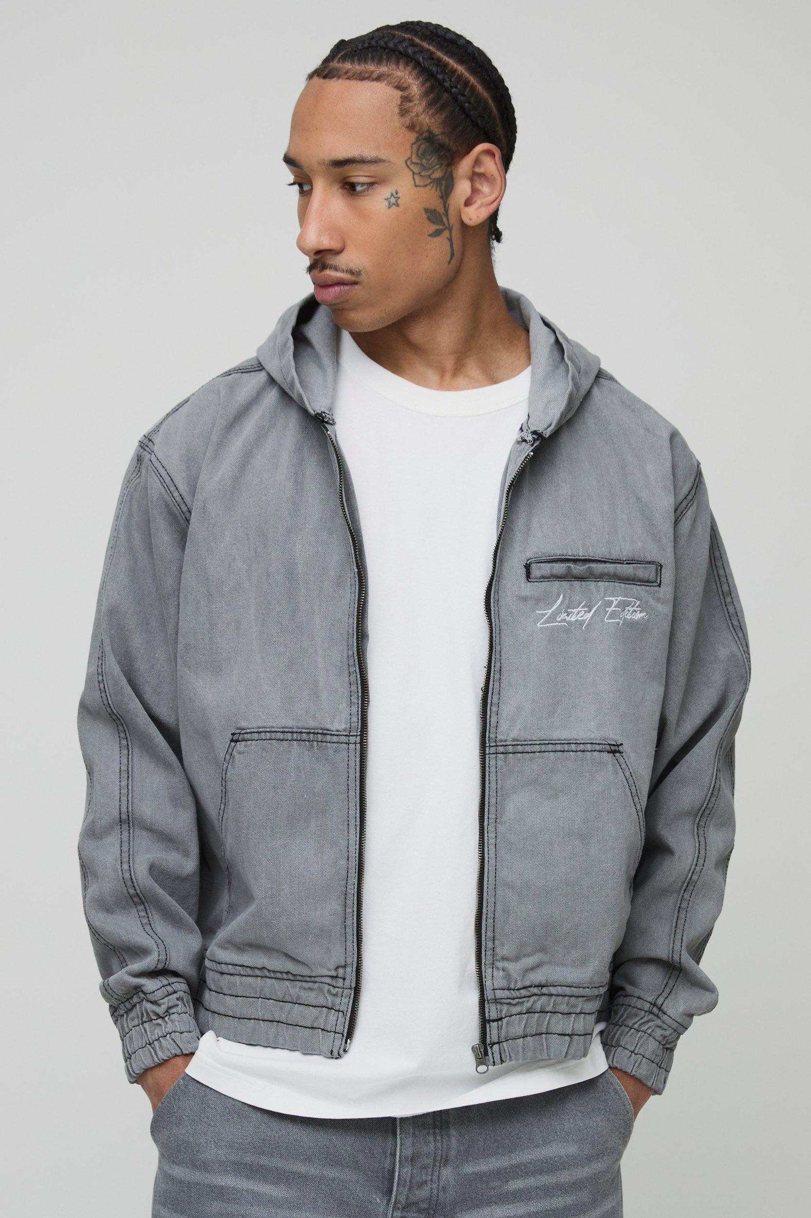 Boxy Embroidery Denim Hoodie | boohooMAN USA Product Image
