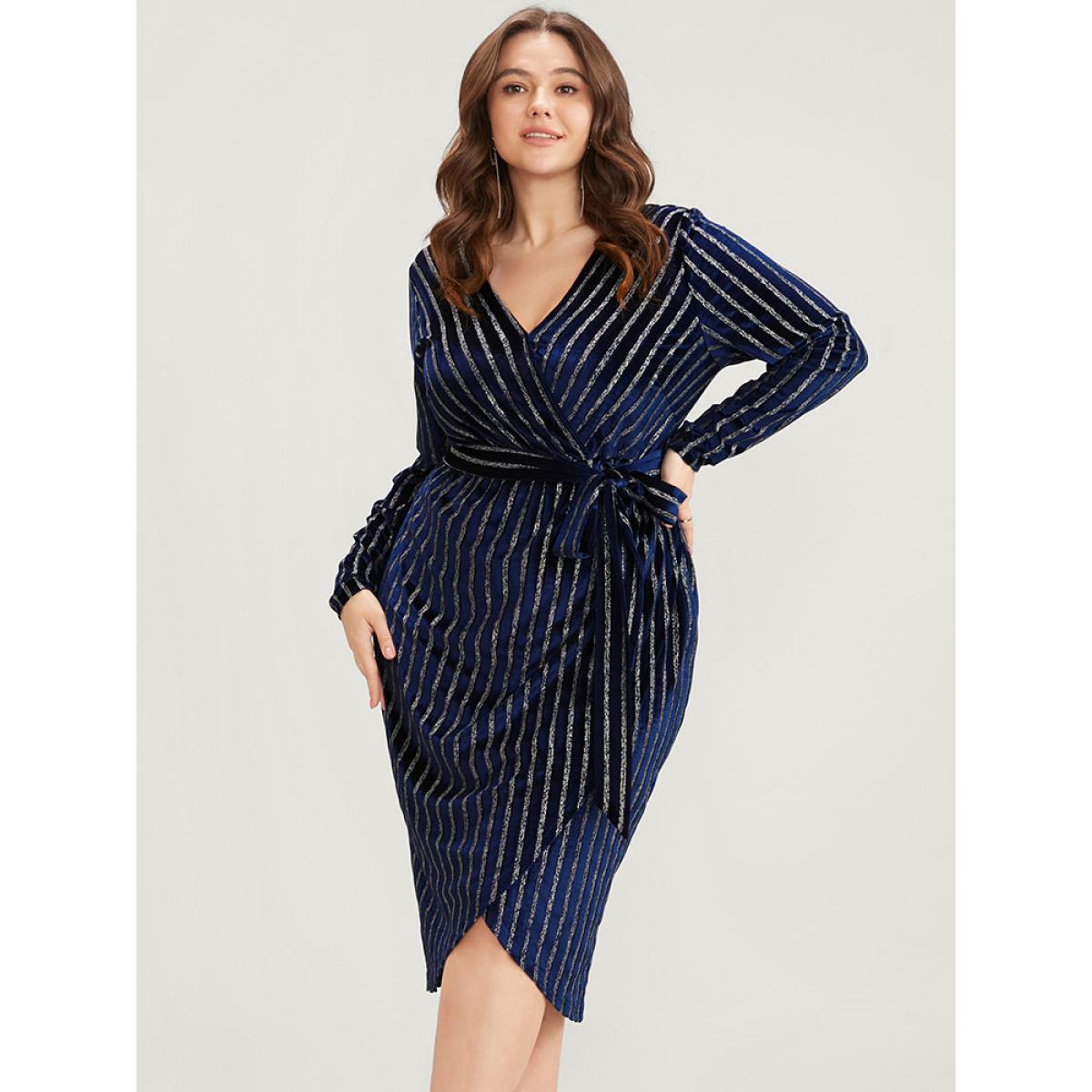 Plus Size Glitter Striped Wrap Belted Velvet Midi Dress Indigo Women Party Velvet V-neck Long Sleeve Curvy Midi Dress BloomChic 22-24/3X Product Image