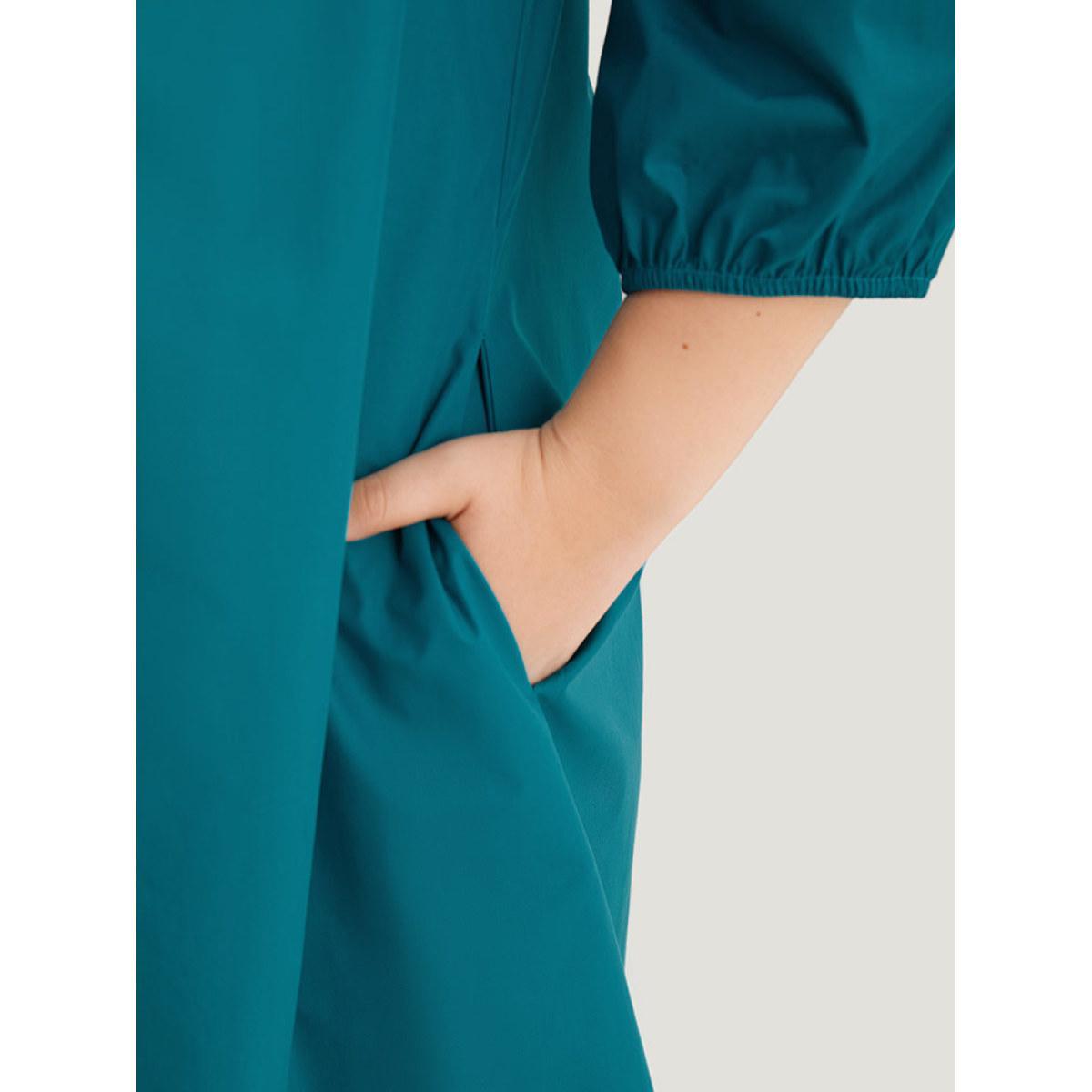 Plus Size Plain Ruffle Trim Lantern Sleeve Dress Cerulean Women Vacation Elastic cuffs Notched collar Elbow-length sleeve Curvy Midi Dress BloomChic 14-16/1X Product Image